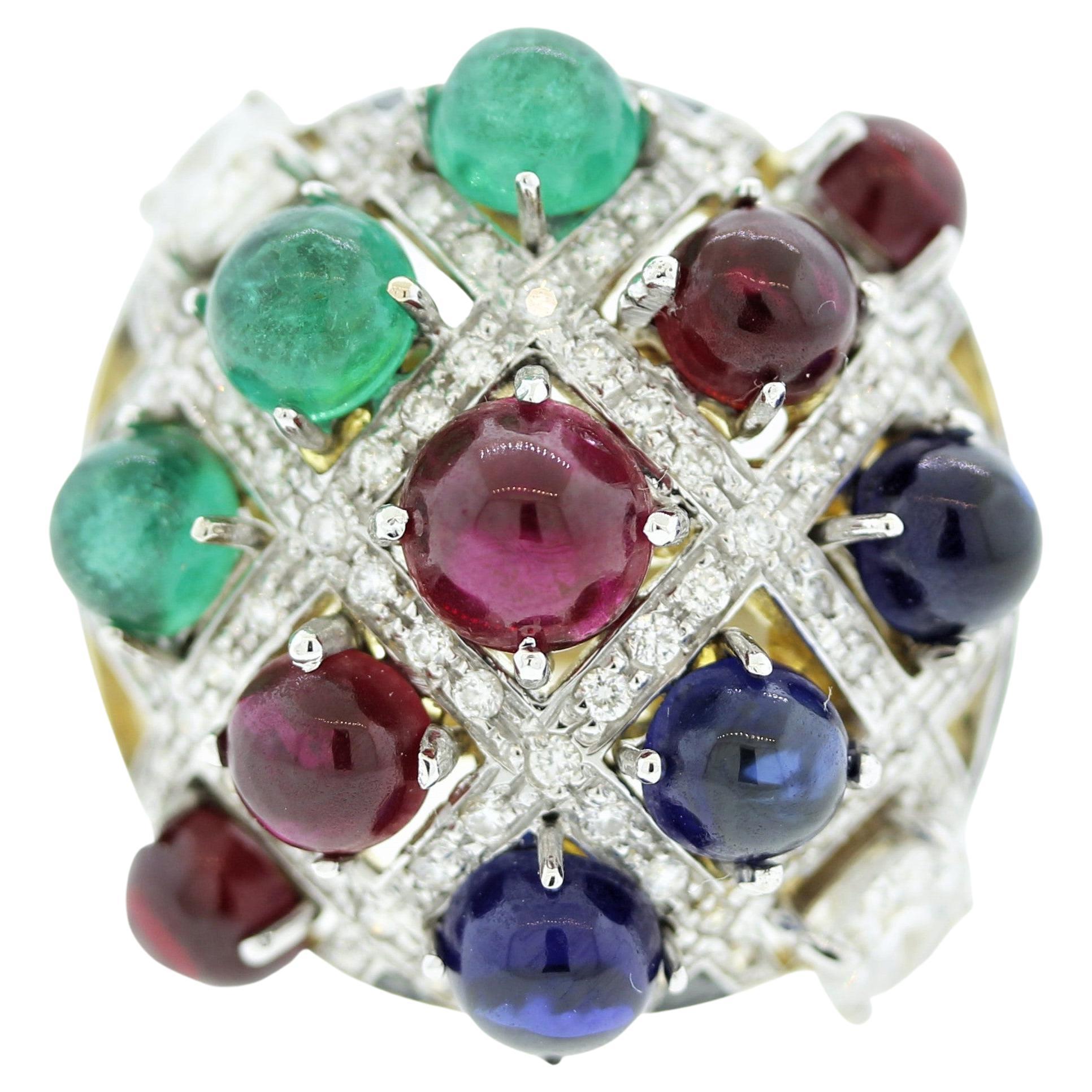 Tutti Frutti Ruby Emerald Sapphire Diamond Gold Cocktail Ring For Sale