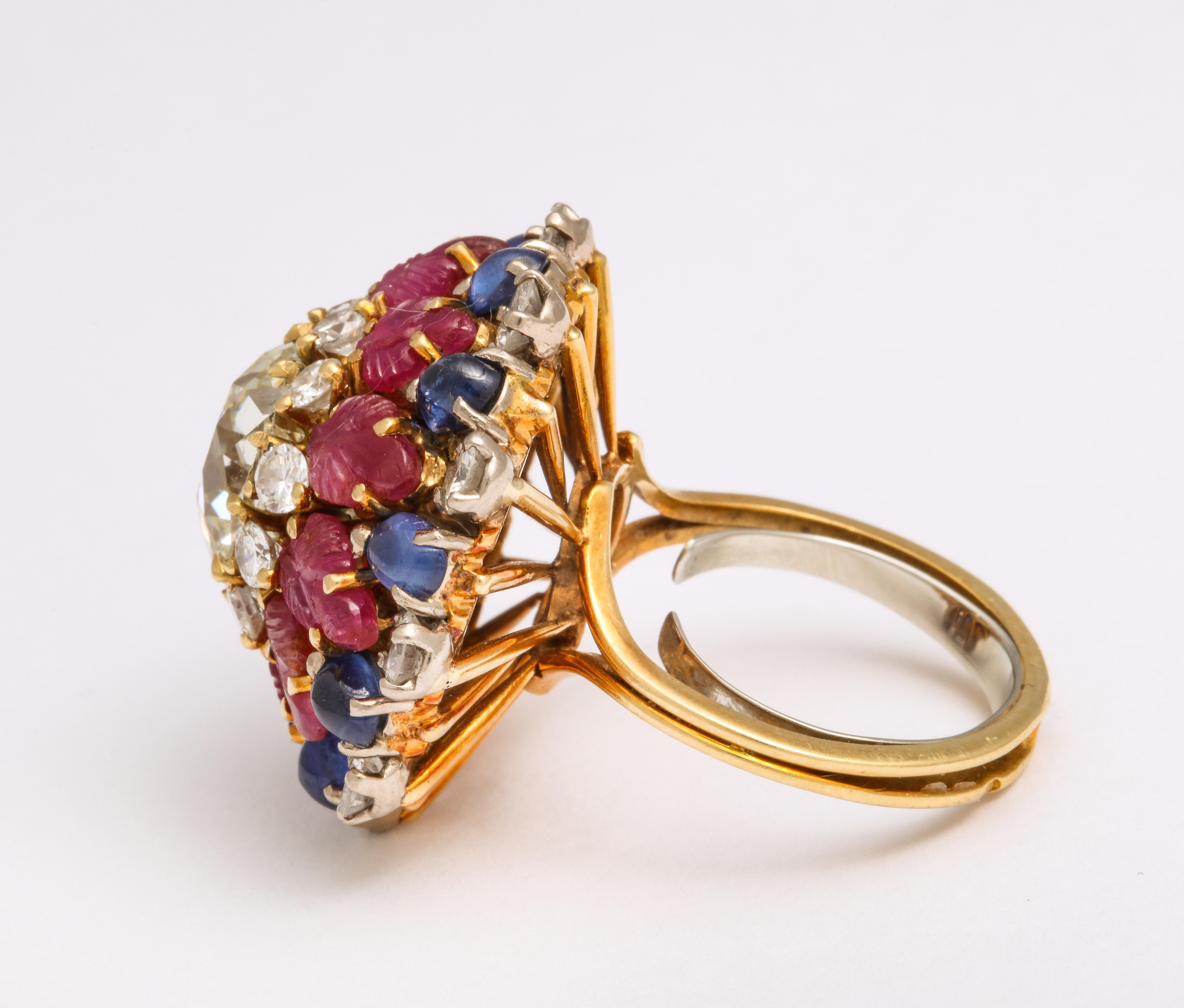 Retro Tutti Frutti Ruby Sapphire Diamond Gold Cocktail Ring For Sale