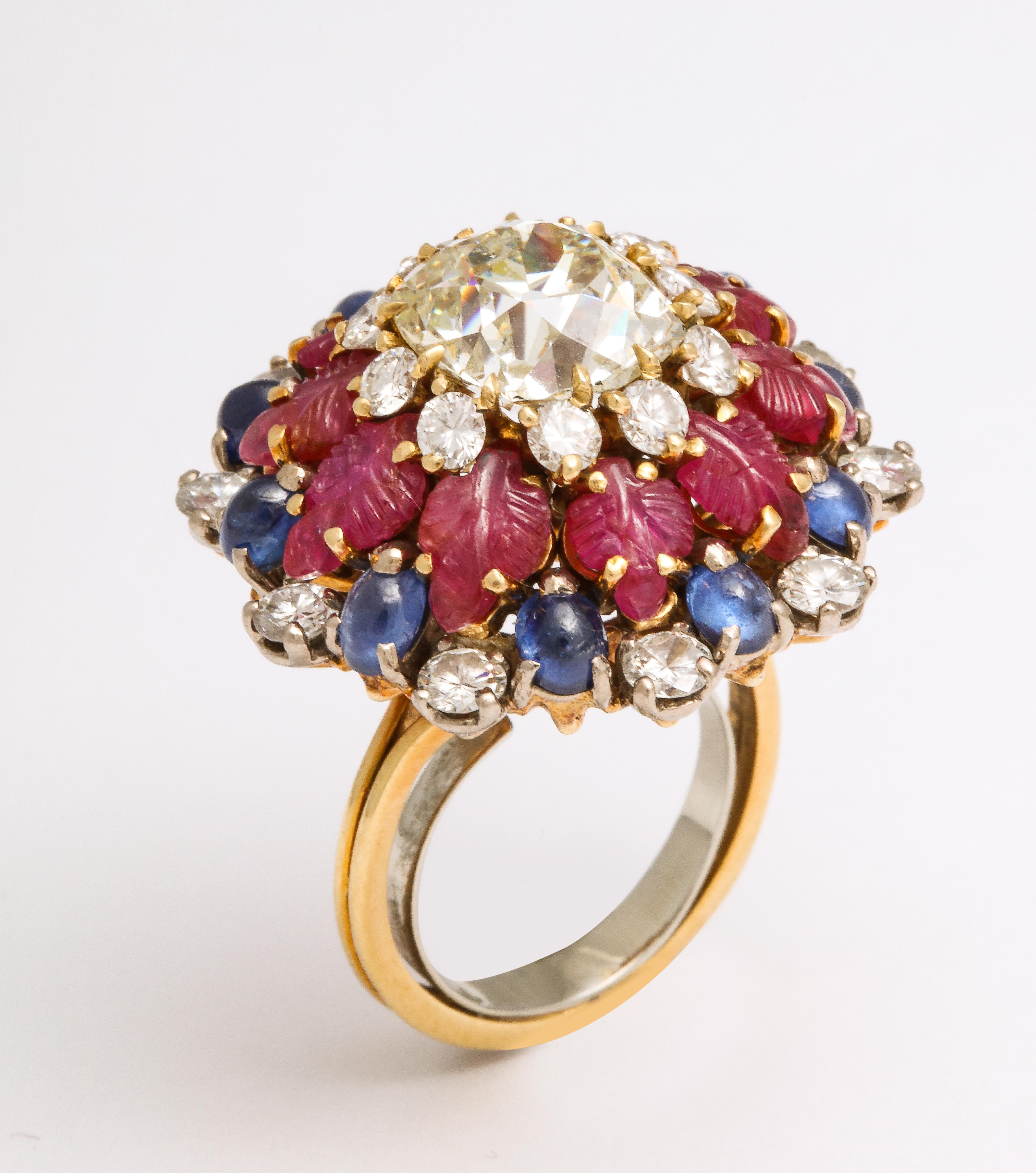 Tutti Frutti Ruby Sapphire Diamond Gold Cocktail Ring In Excellent Condition For Sale In New York, NY