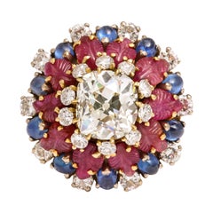 Vintage Tutti Frutti Ruby Sapphire Diamond Gold Cocktail Ring