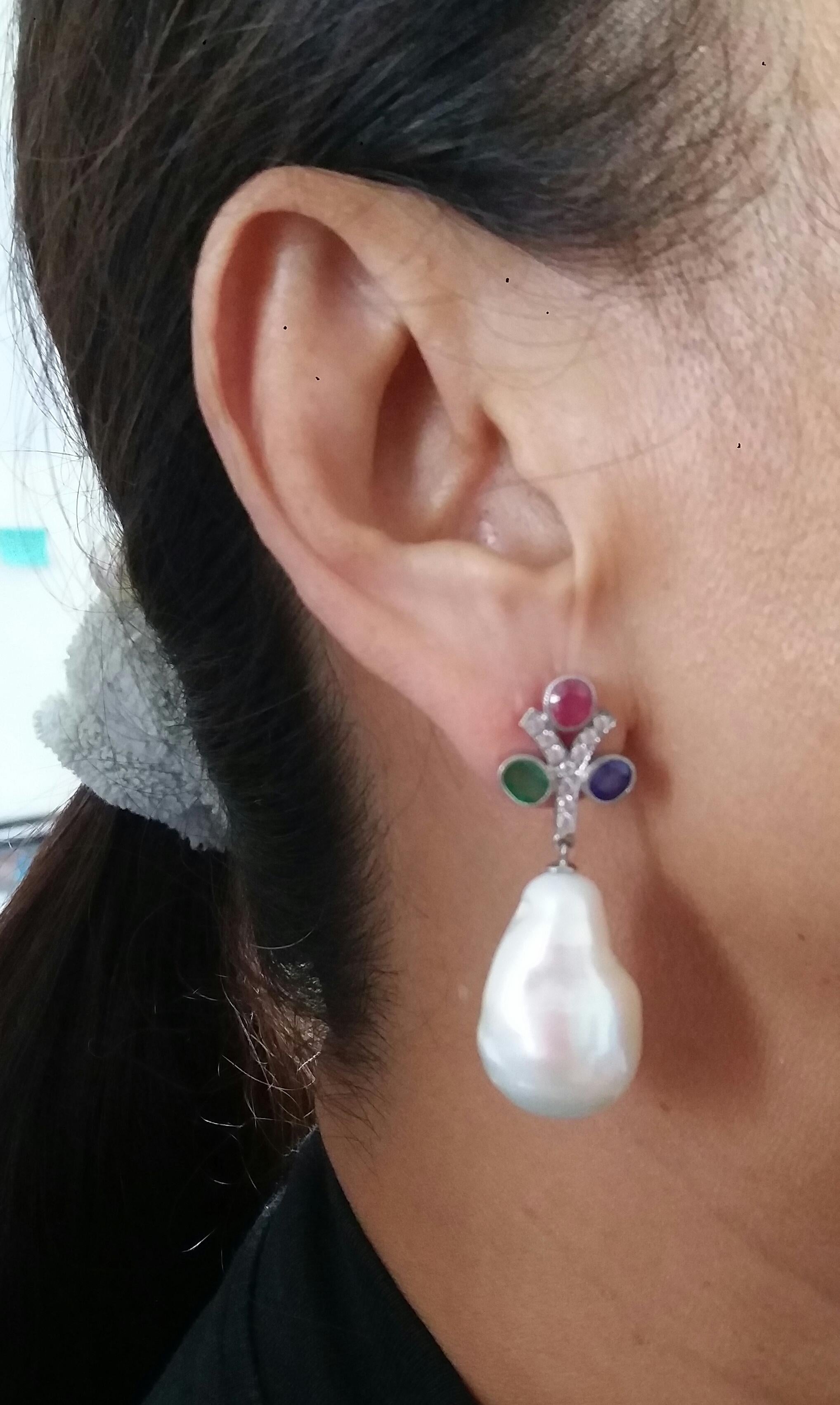 Tutti Frutti Ruby Sapphire Emerald Gold Diamonds Baroque Pearls Dangle Earrings For Sale 5