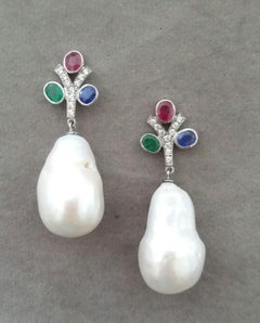 Tutti Frutti Ruby Sapphire Emerald Gold Diamonds Baroque Pearls Dangle Earrings