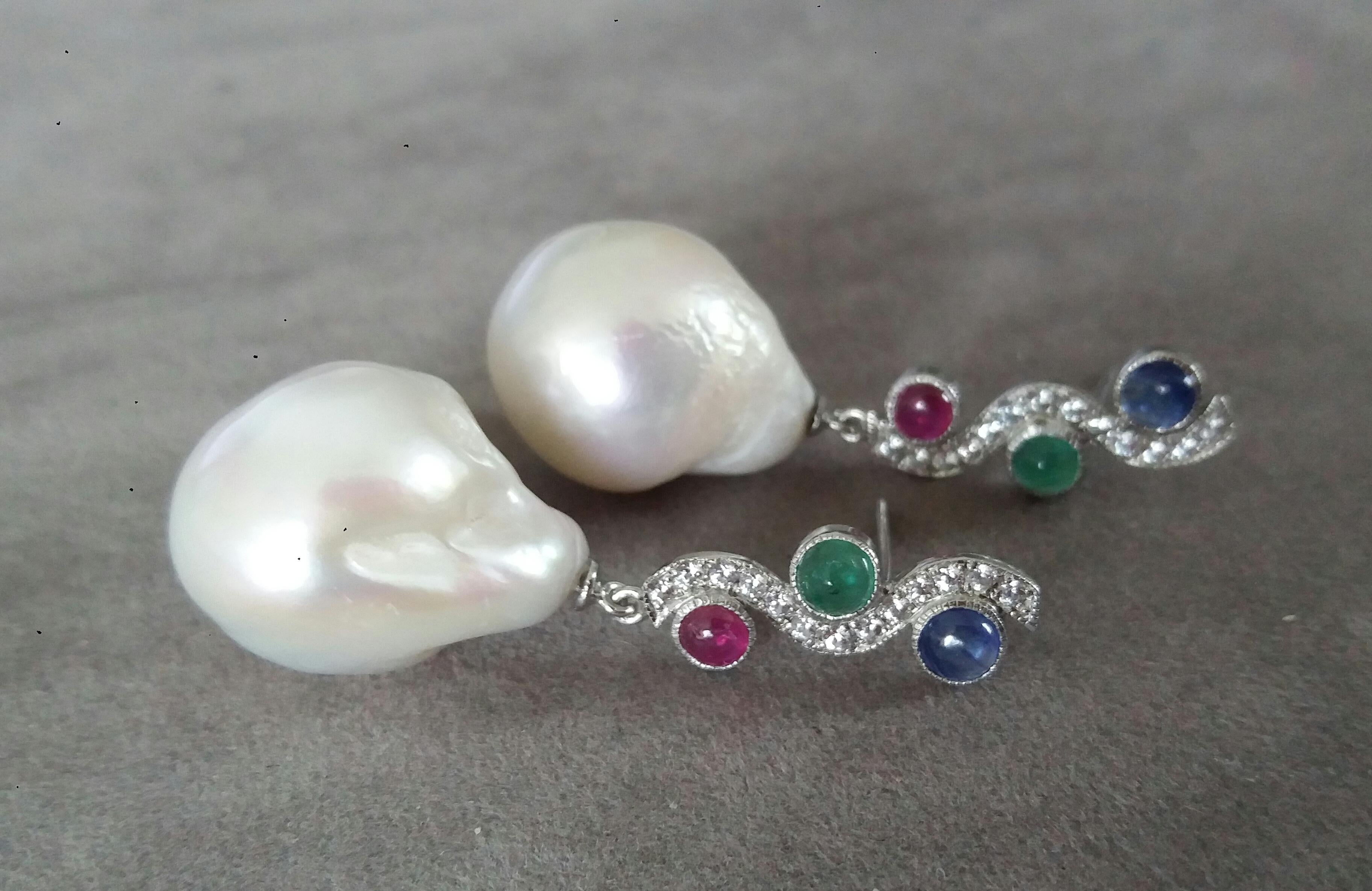 Art Deco Tutti Frutti Ruby Sapphire Emerald Gold Diamonds Baroque Pearls Dangle Earrings For Sale