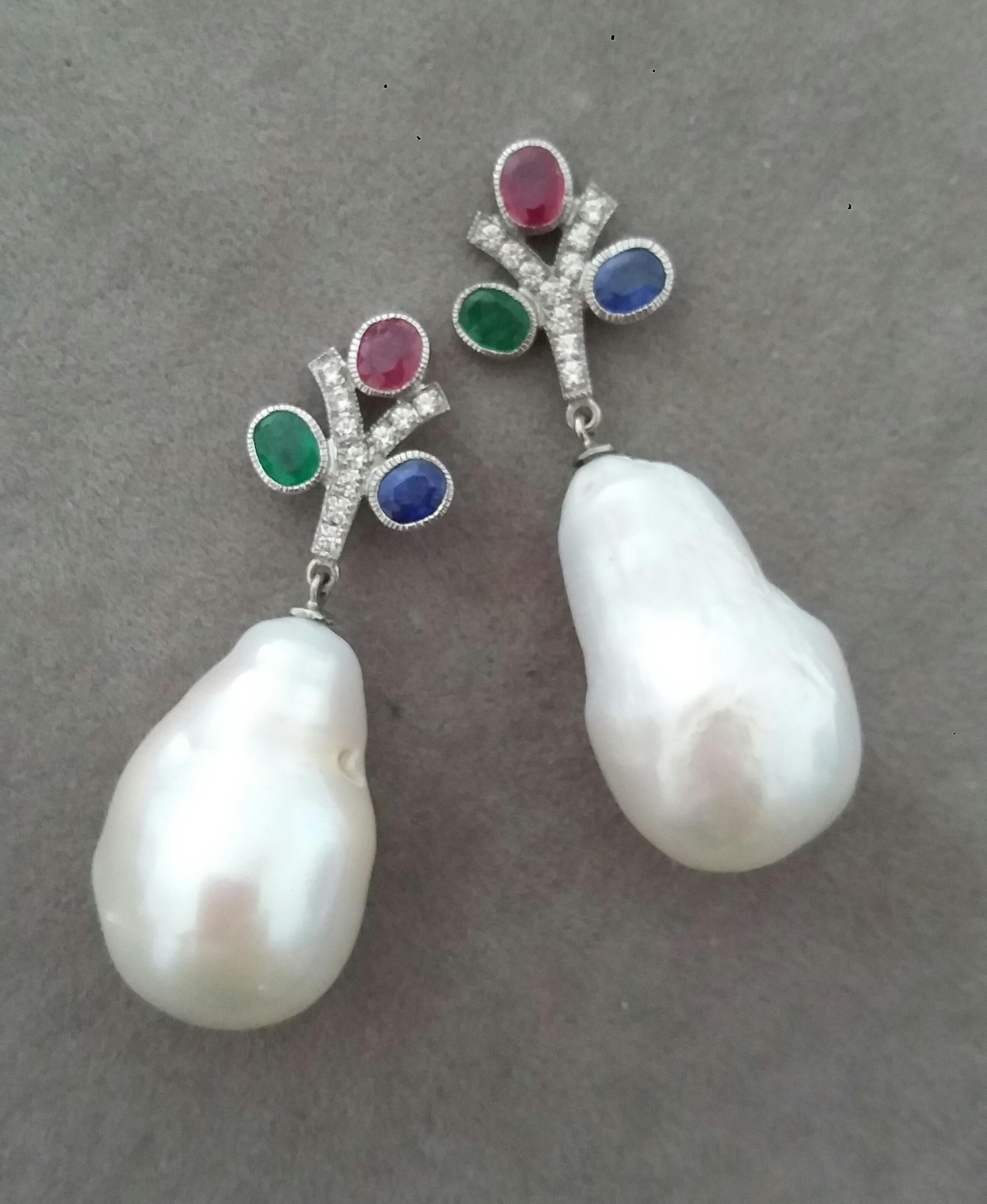 Art Deco Tutti Frutti Ruby Sapphire Emerald Gold Diamonds Baroque Pearls Dangle Earrings For Sale