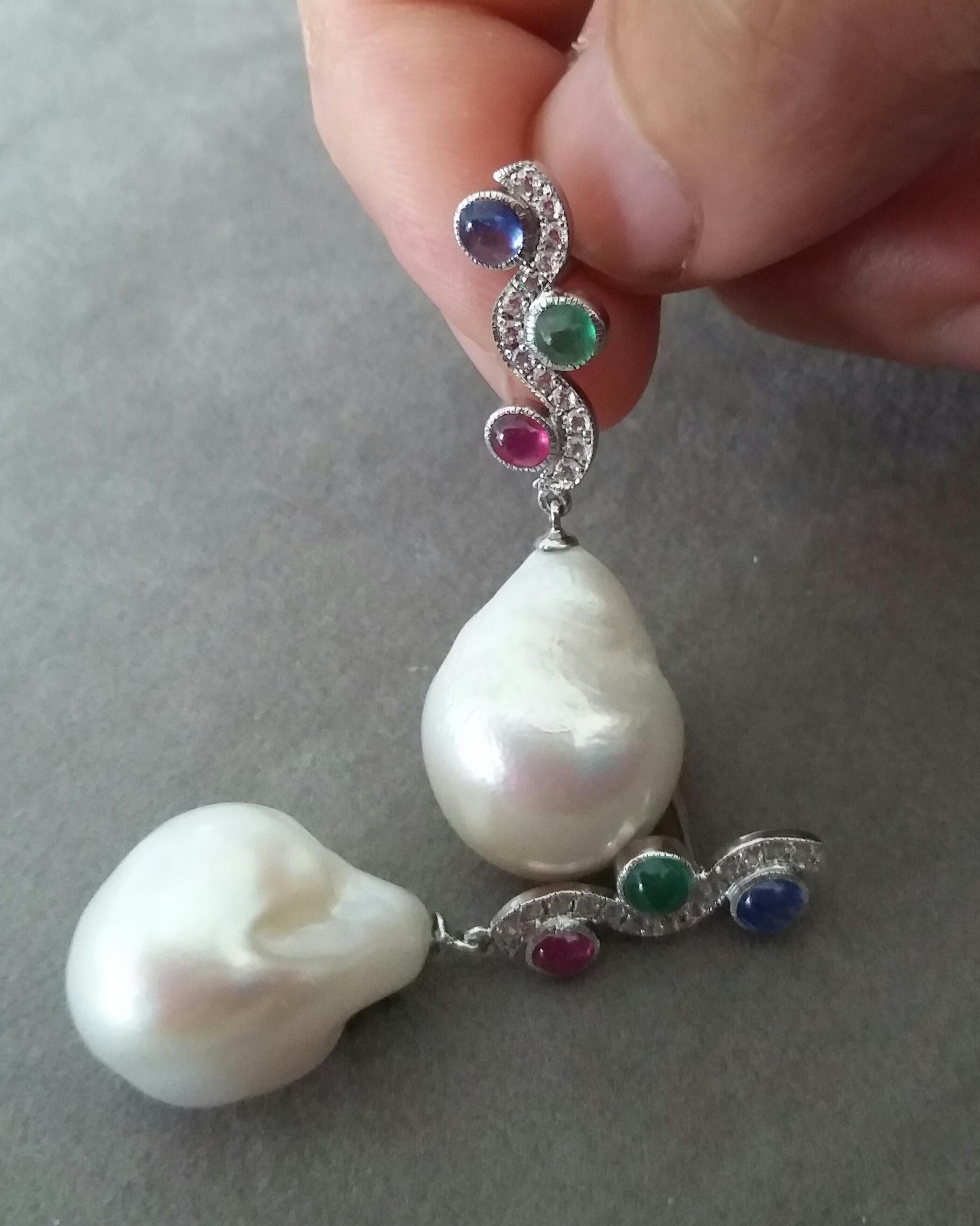 Pear Cut Tutti Frutti Ruby Sapphire Emerald Gold Diamonds Baroque Pearls Dangle Earrings For Sale