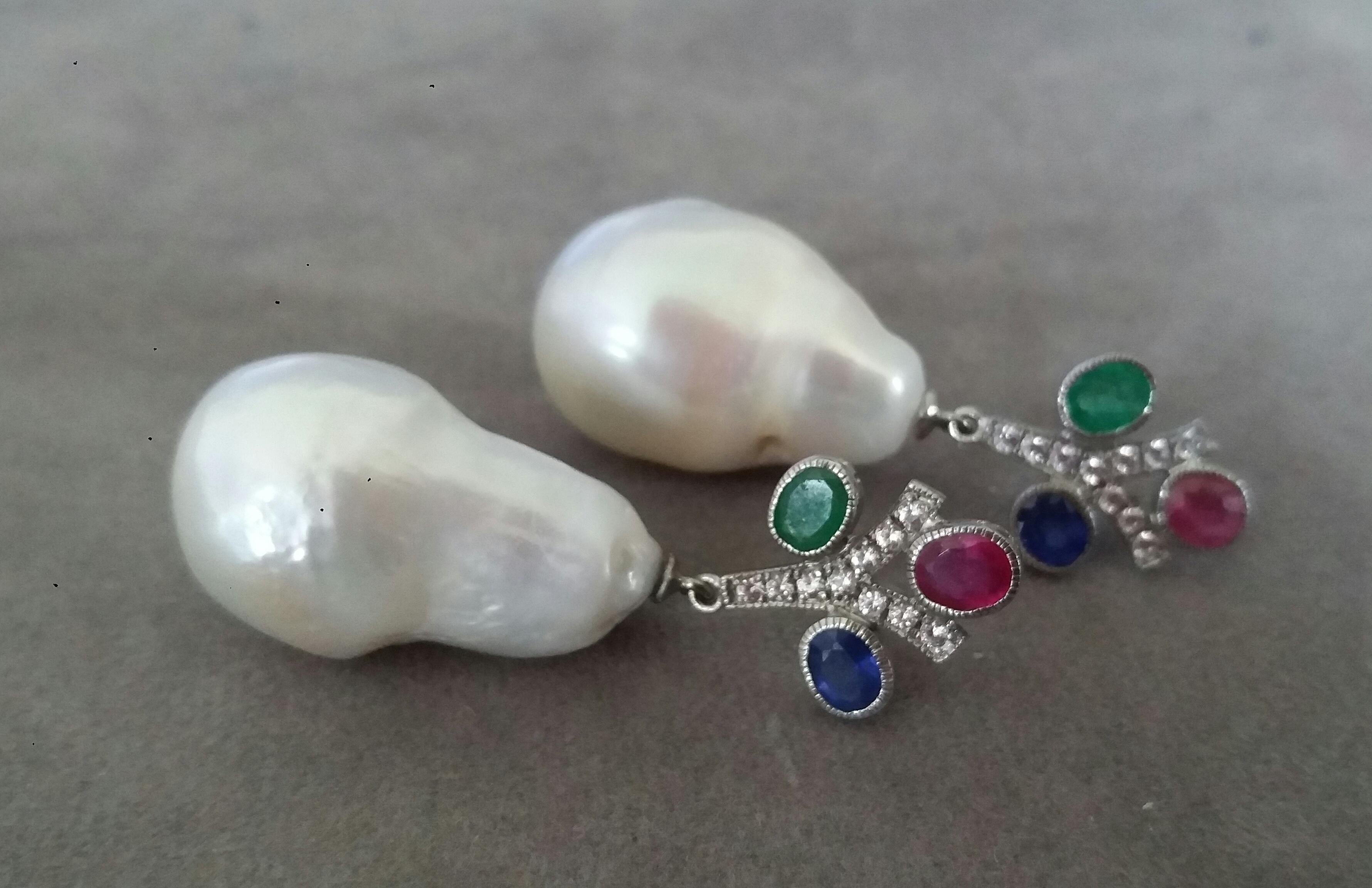 Mixed Cut Tutti Frutti Ruby Sapphire Emerald Gold Diamonds Baroque Pearls Dangle Earrings For Sale