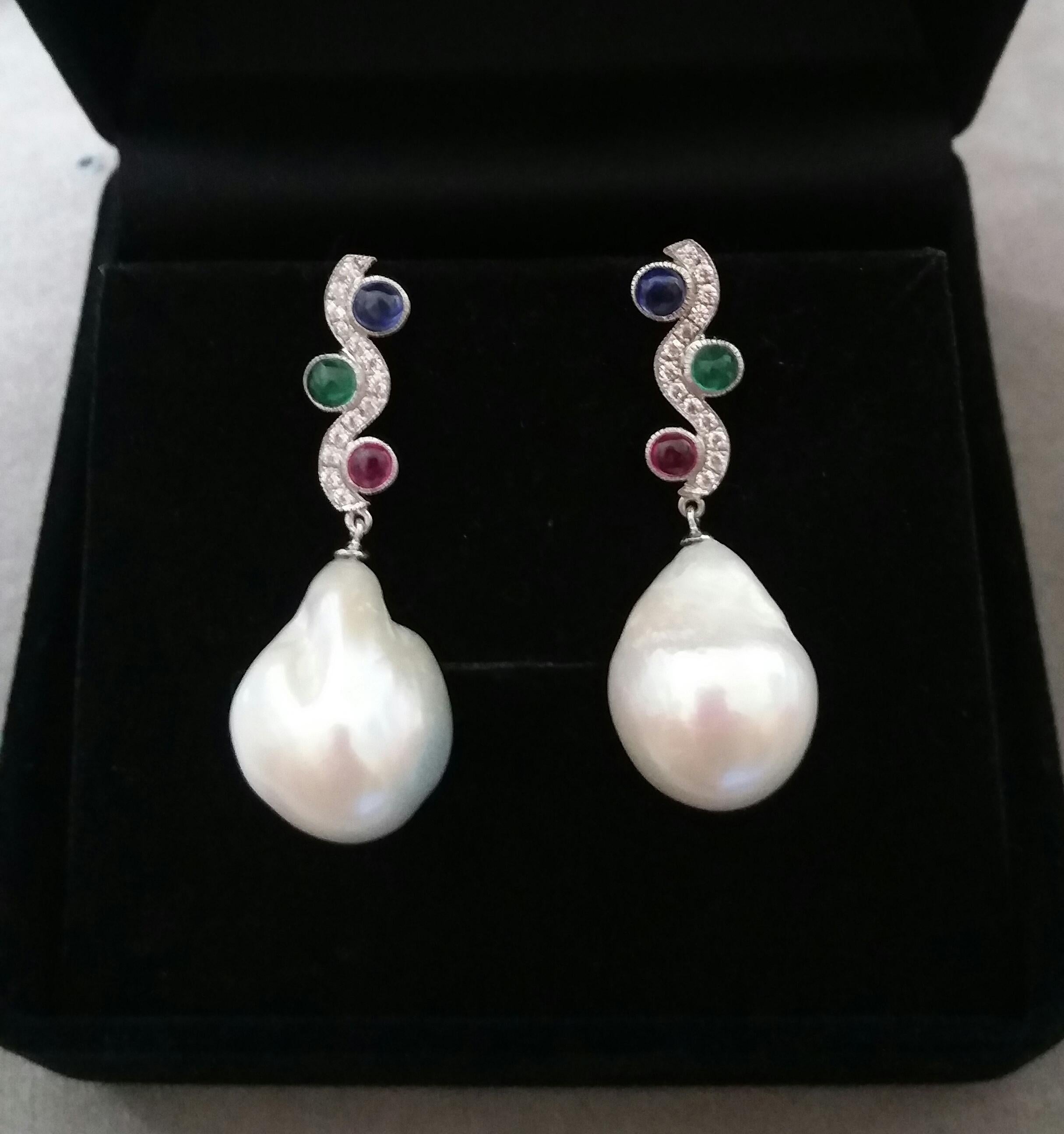 Tutti Frutti Ruby Sapphire Emerald Gold Diamonds Baroque Pearls Dangle Earrings In Good Condition For Sale In Bangkok, TH