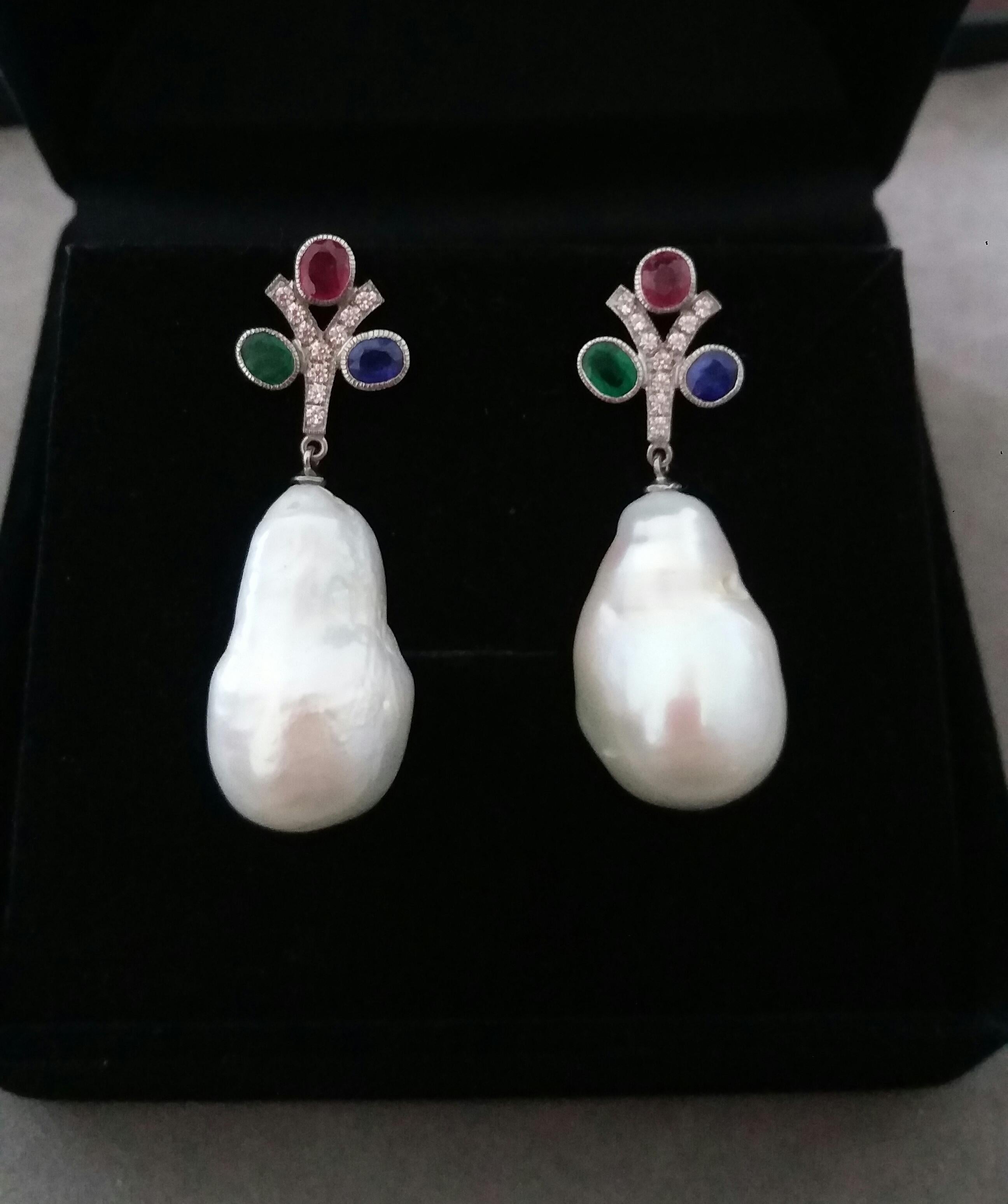Women's Tutti Frutti Ruby Sapphire Emerald Gold Diamonds Baroque Pearls Dangle Earrings For Sale