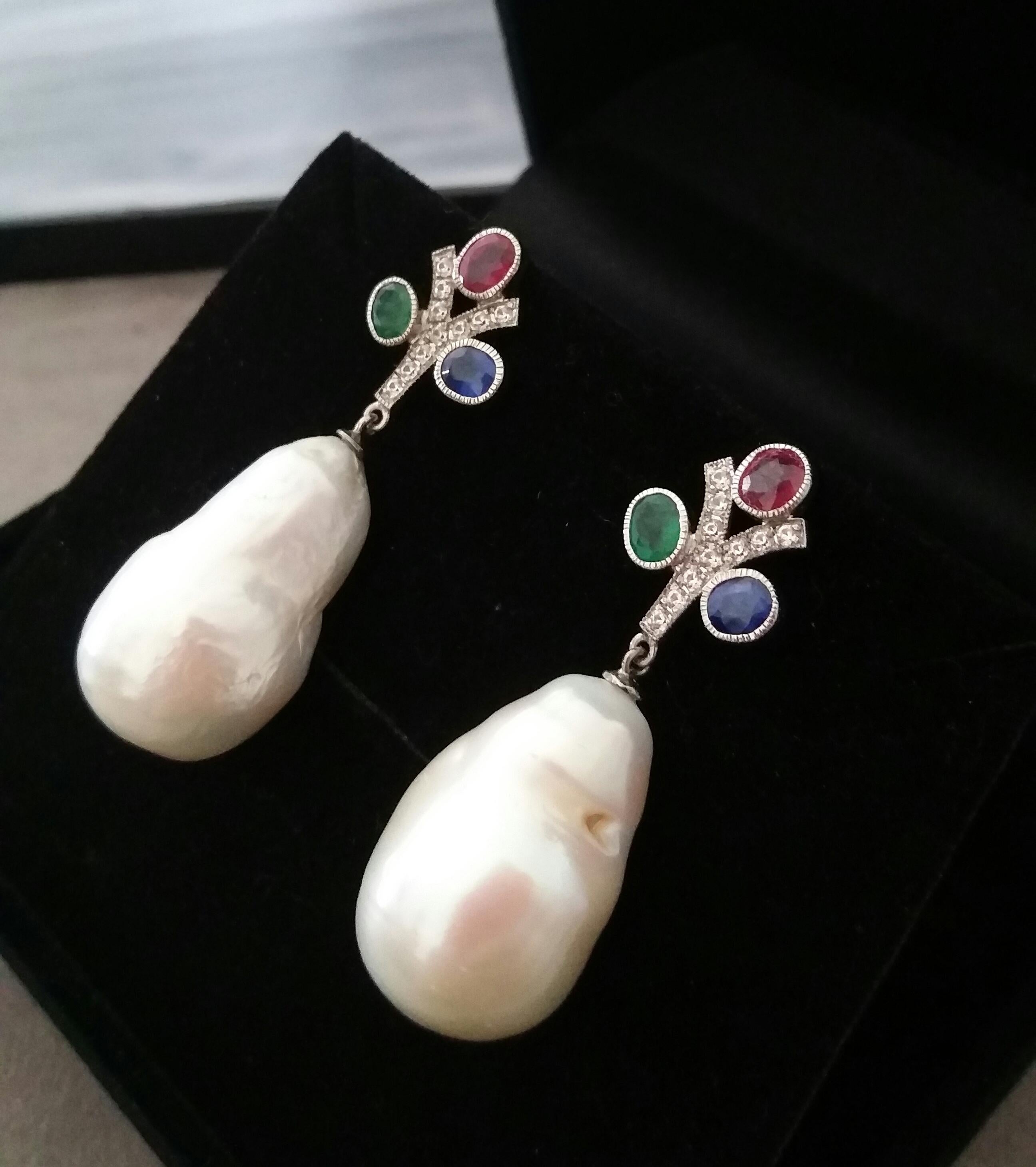 Tutti Frutti Ruby Sapphire Emerald Gold Diamonds Baroque Pearls Dangle Earrings For Sale 1