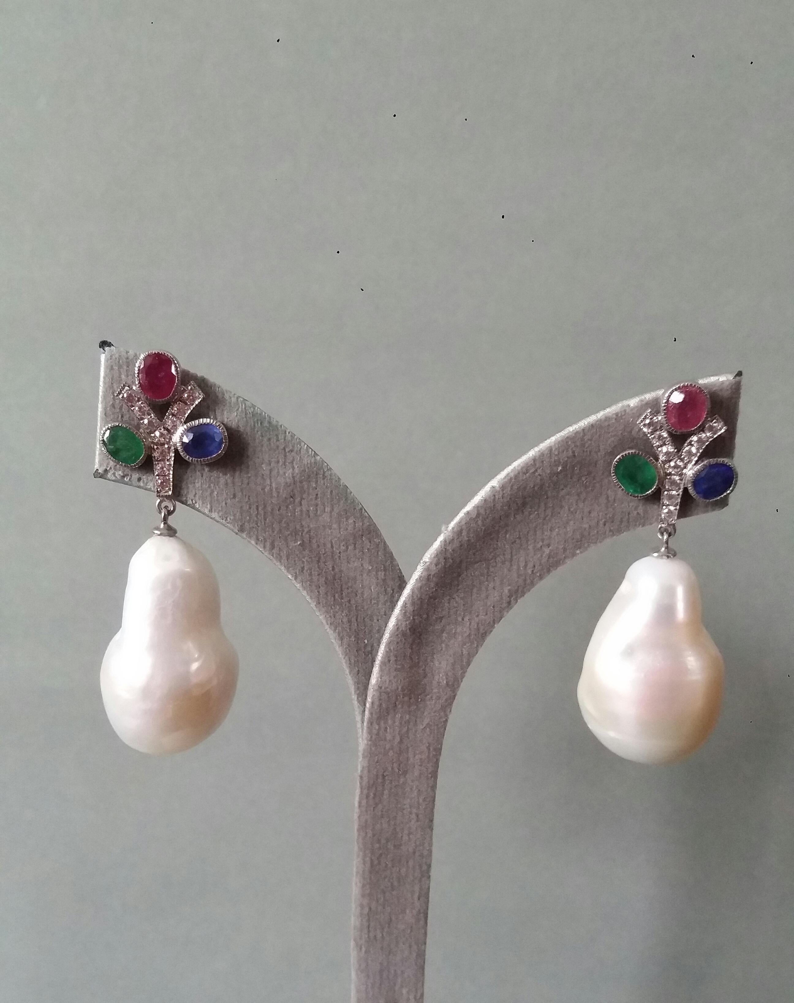 Tutti Frutti Ruby Sapphire Emerald Gold Diamonds Baroque Pearls Dangle Earrings For Sale 2
