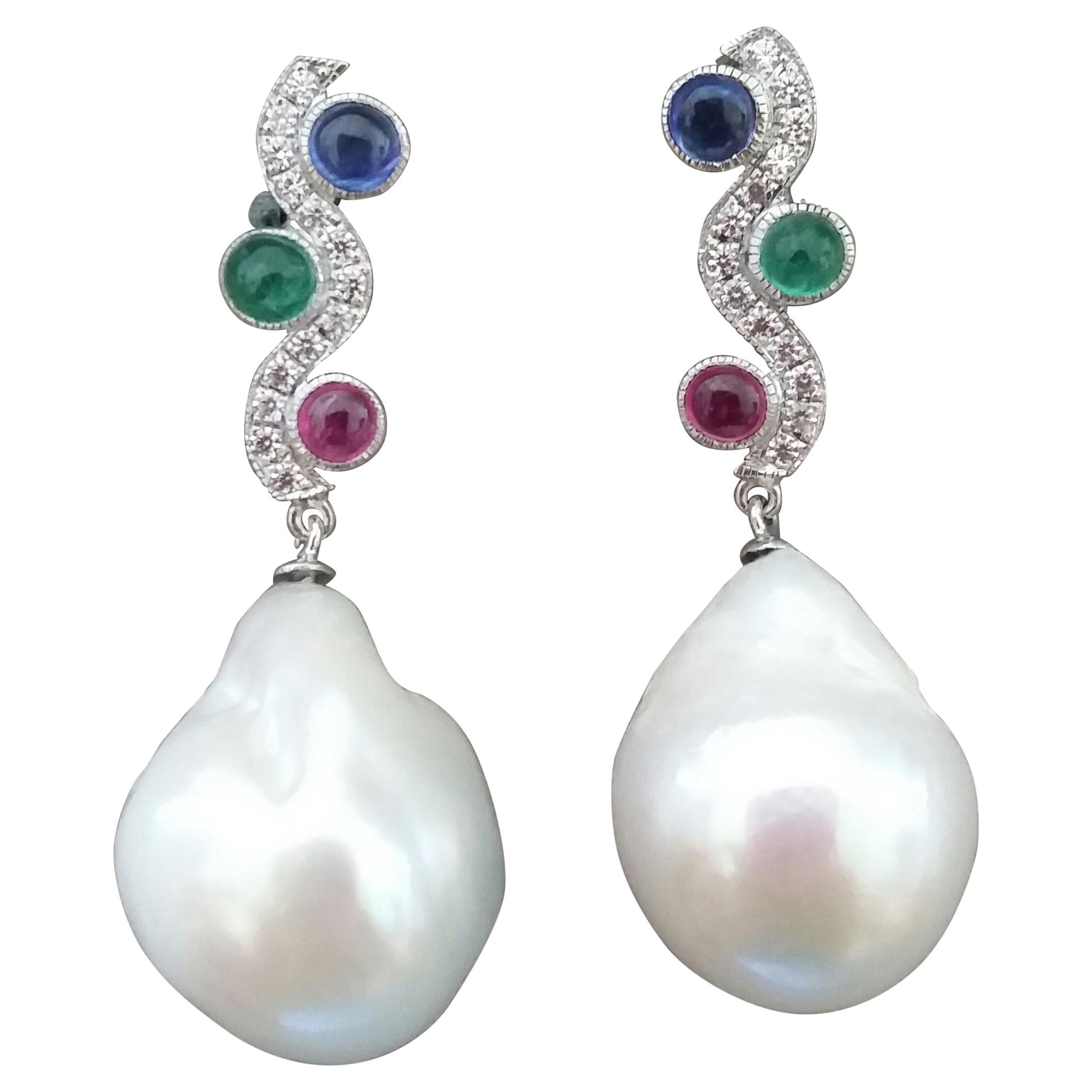 Tutti Frutti Ruby Sapphire Emerald Gold Diamonds Baroque Pearls Dangle Earrings For Sale