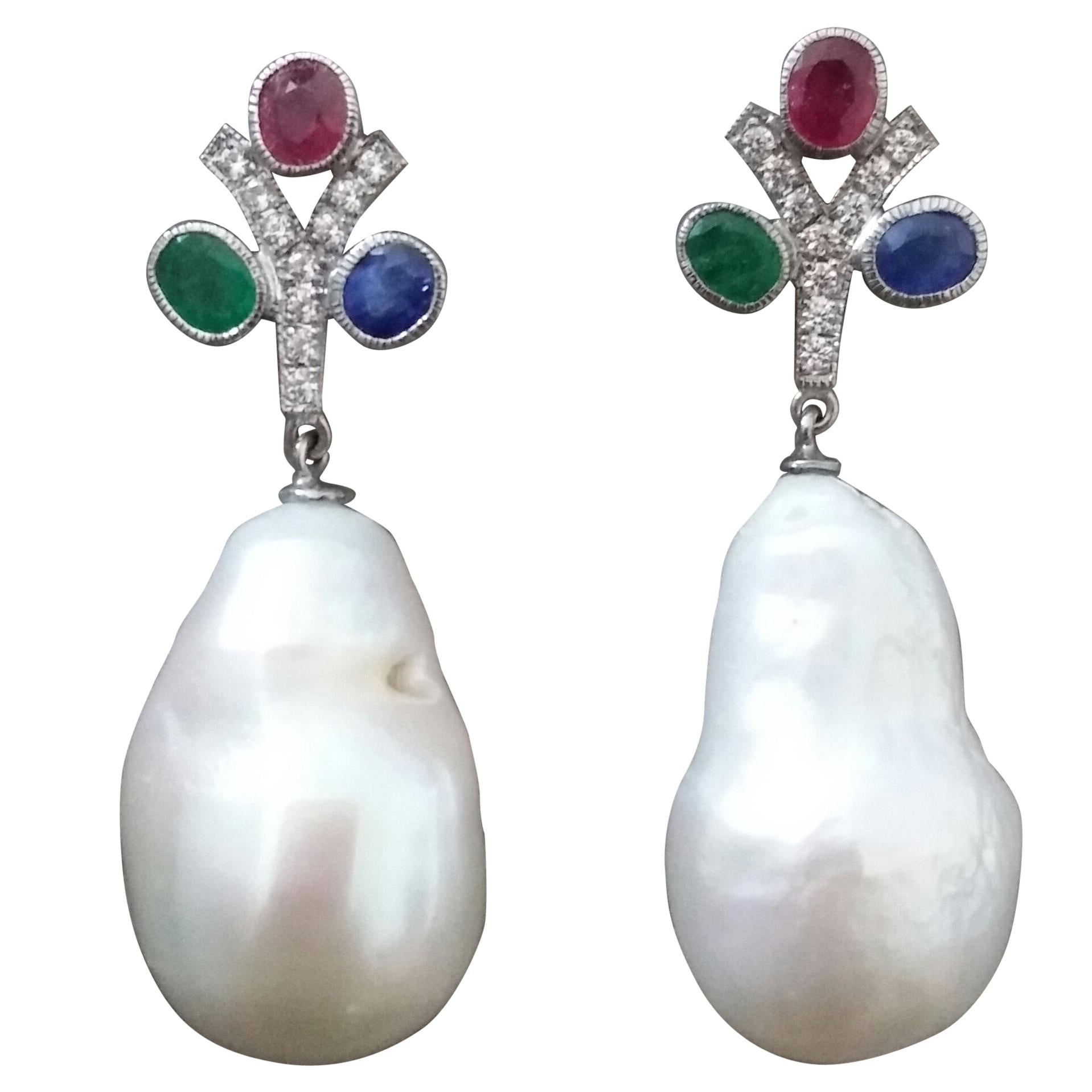 Tutti Frutti Ruby Sapphire Emerald Gold Diamonds Baroque Pearls Dangle Earrings For Sale