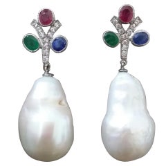 Tutti Frutti Ruby Sapphire Emerald Gold Diamonds Baroque Pearls Dangle Earrings