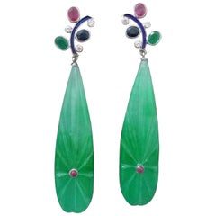 Tutti Frutti  Rubin-Saphir-Smaragd-Gold-Diamanten-Emaille-Jade-Baumel-Ohrringe