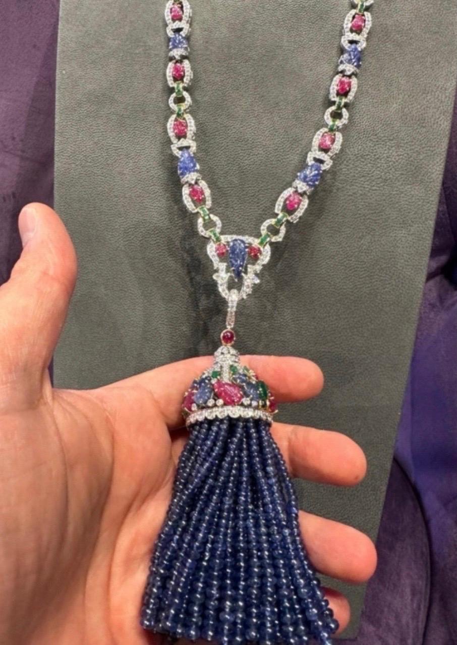 Tutti Frutti Sautoir Tassel Necklace In Excellent Condition For Sale In New York, NY