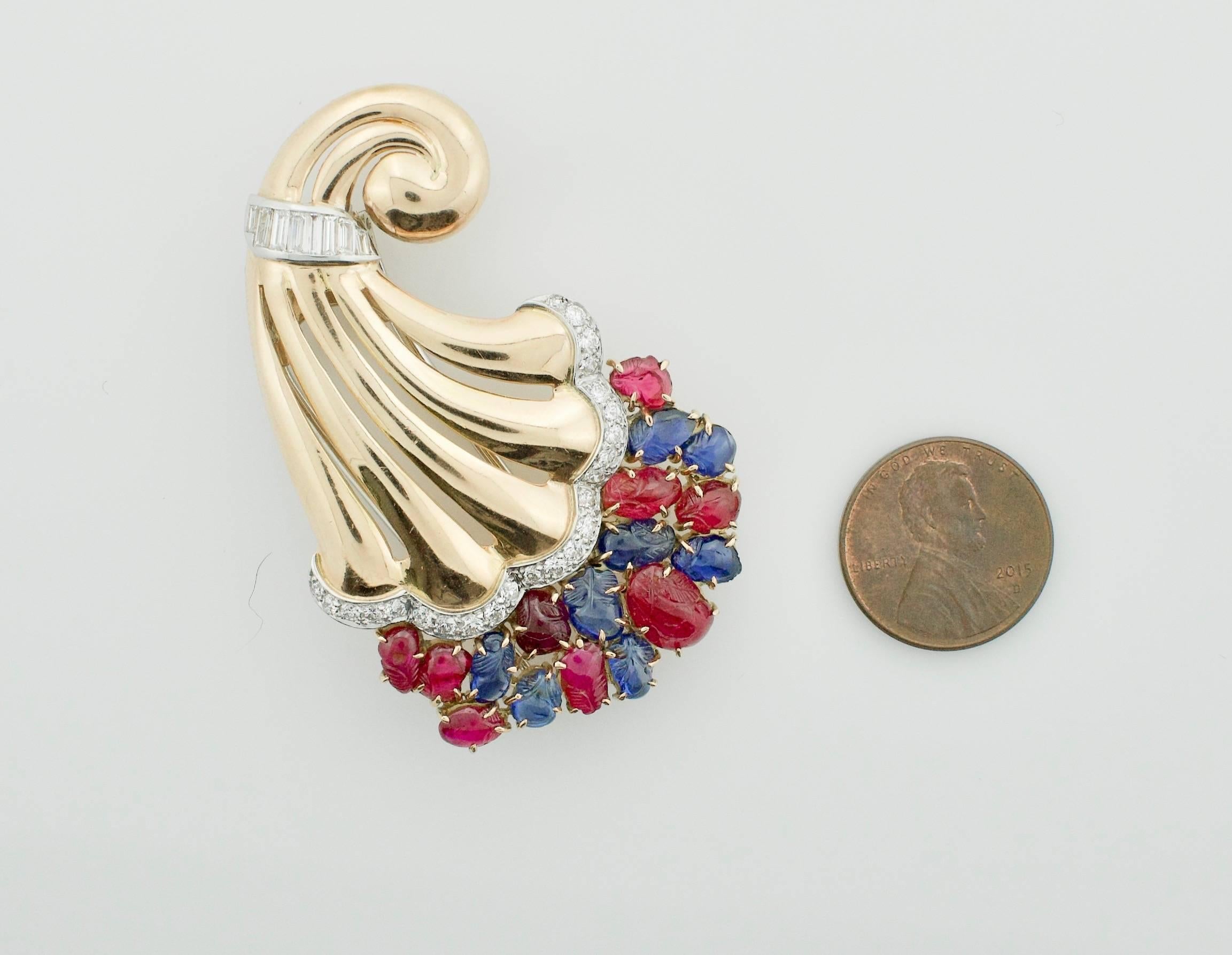 Retro ‘Tutti Frutti’ Style 1950s Carved Ruby, Sapphire and Diamond Brooch