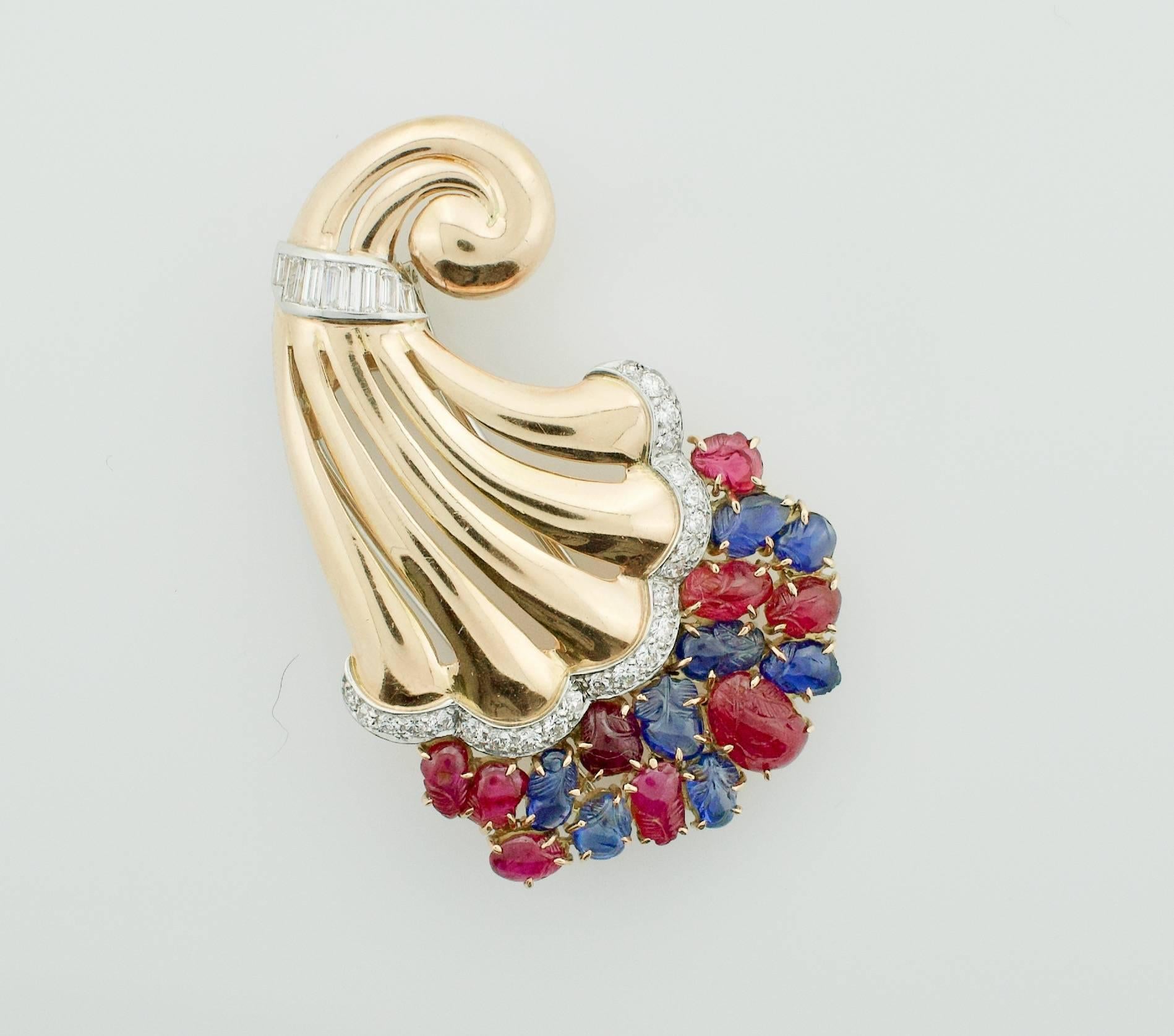 Round Cut ‘Tutti Frutti’ Style 1950s Carved Ruby, Sapphire and Diamond Brooch