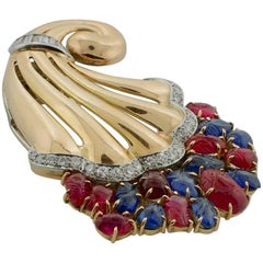 ‘Tutti Frutti’ Style 1950s Carved Ruby, Sapphire and Diamond Brooch