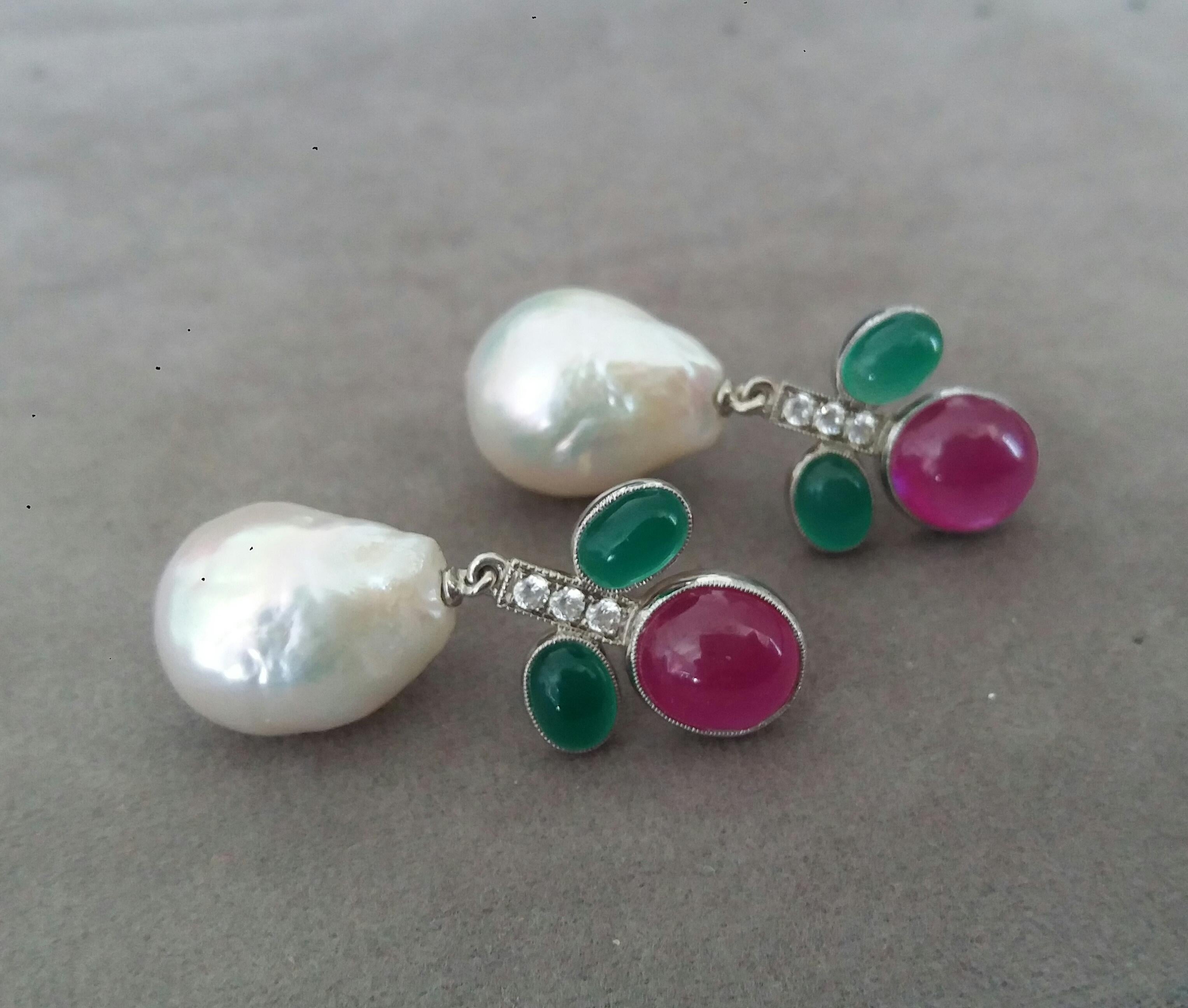 Art Deco Tutti Frutti Style Rubies Emeralds Gold Diamonds Baroque Pearls Dangle Earrings For Sale