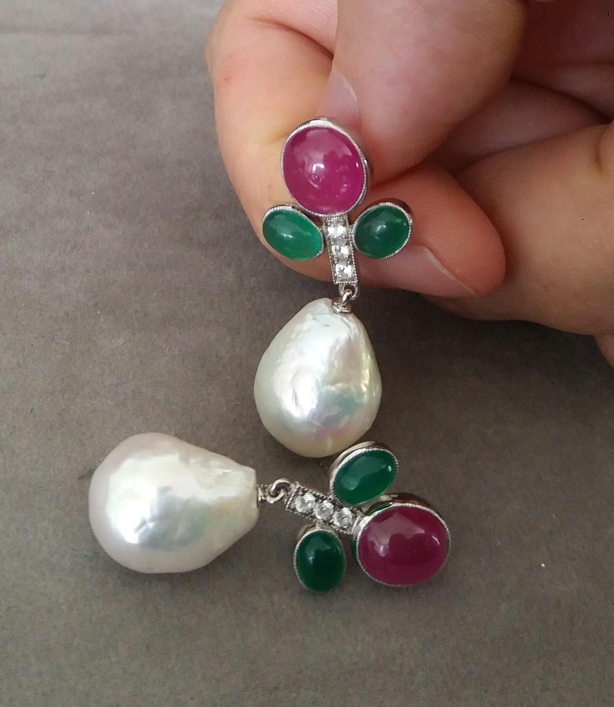 Oval Cut Tutti Frutti Style Rubies Emeralds Gold Diamonds Baroque Pearls Dangle Earrings For Sale