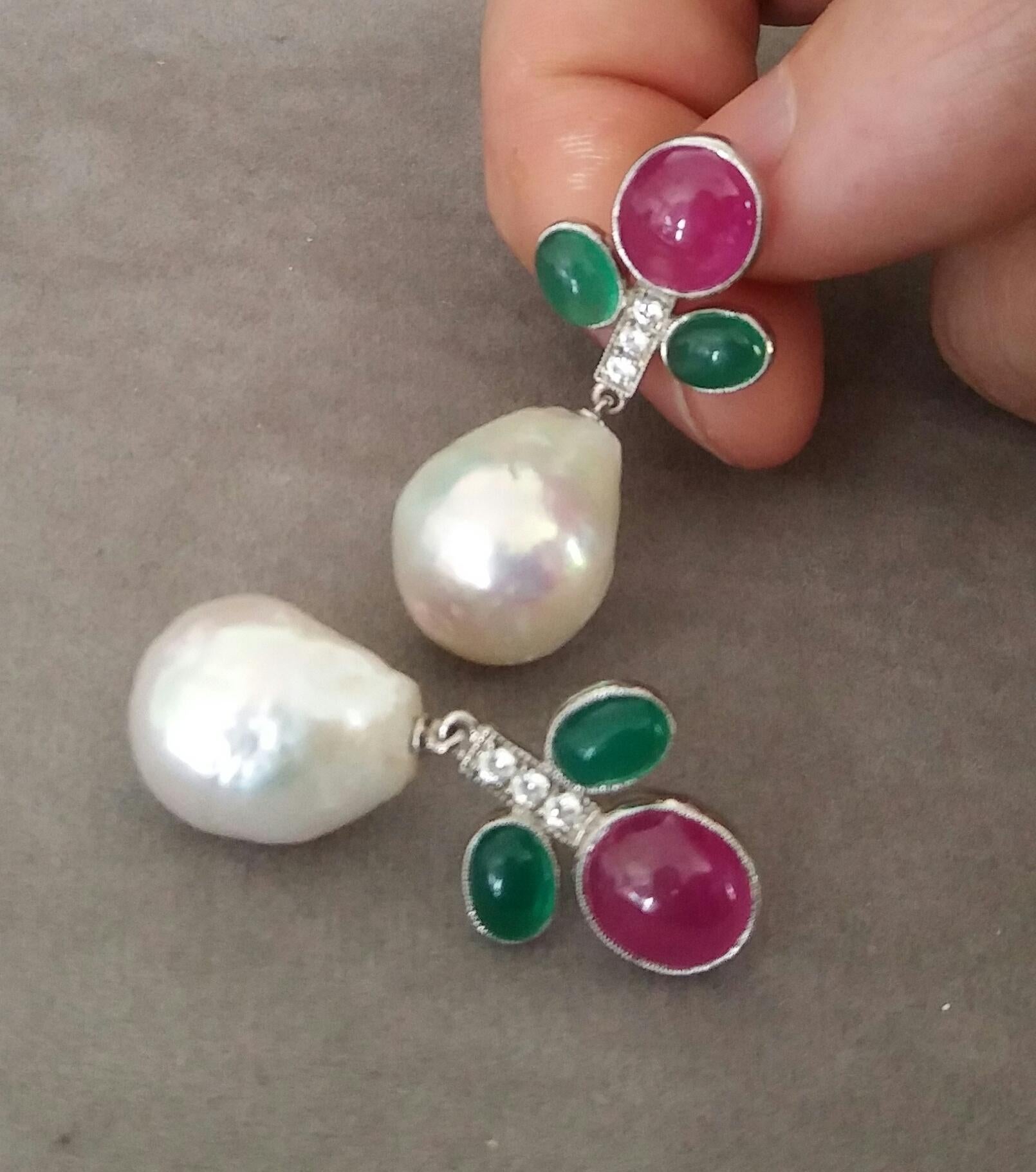 Tutti Frutti Style Rubies Emeralds Gold Diamonds Baroque Pearls Dangle Earrings In Good Condition For Sale In Bangkok, TH