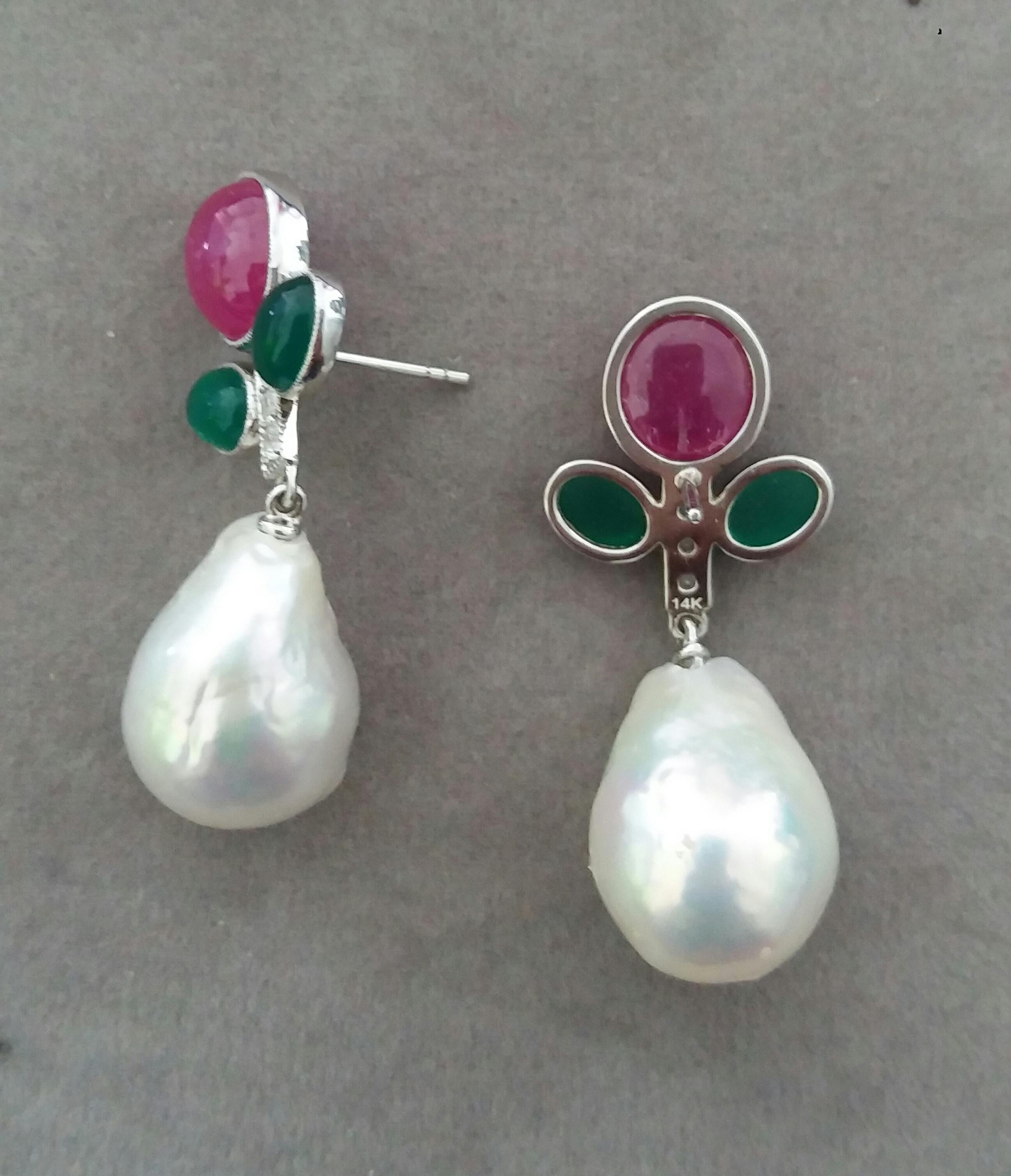 Women's Tutti Frutti Style Rubies Emeralds Gold Diamonds Baroque Pearls Dangle Earrings For Sale