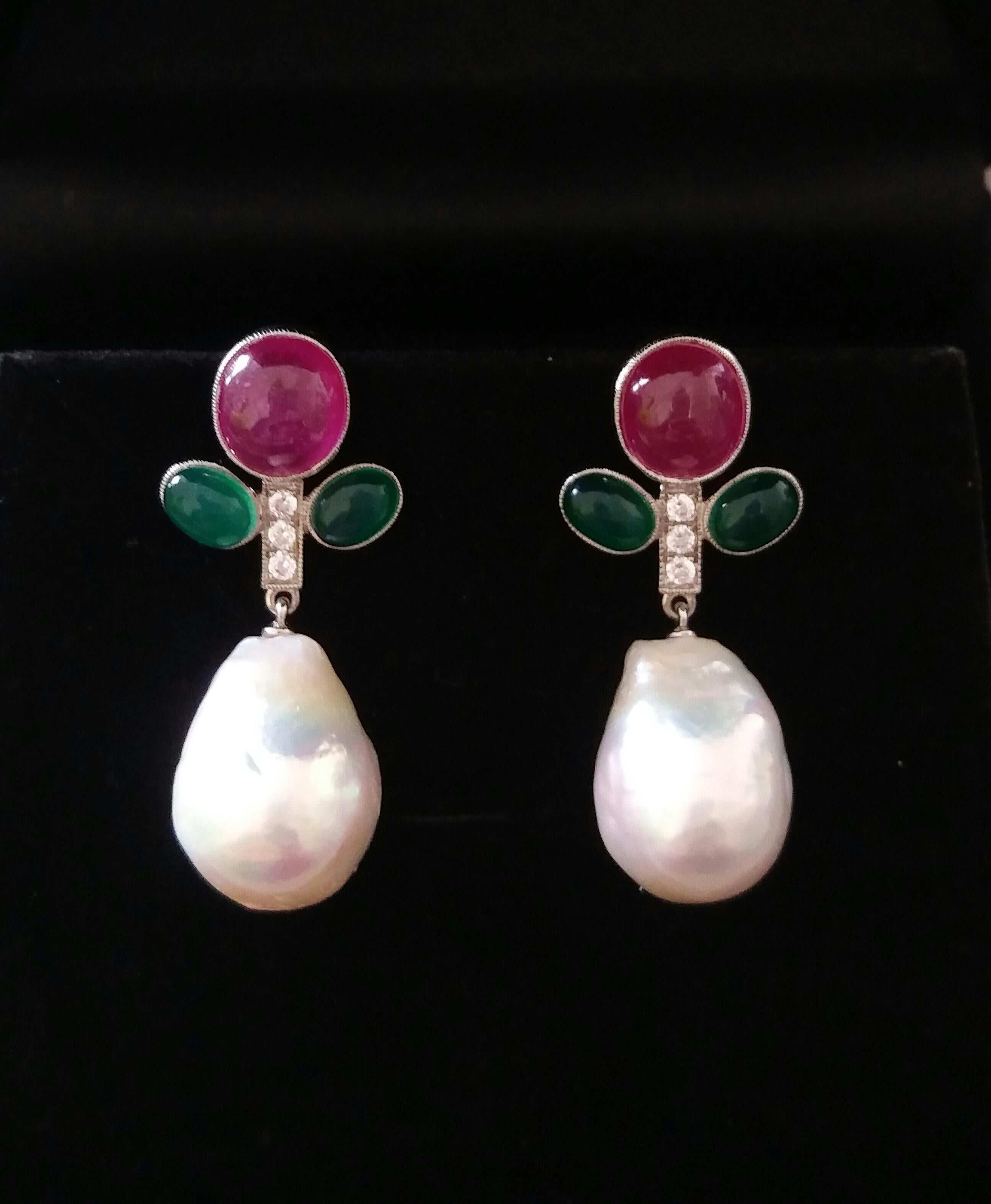 Tutti Frutti Style Rubies Emeralds Gold Diamonds Baroque Pearls Dangle Earrings For Sale 2