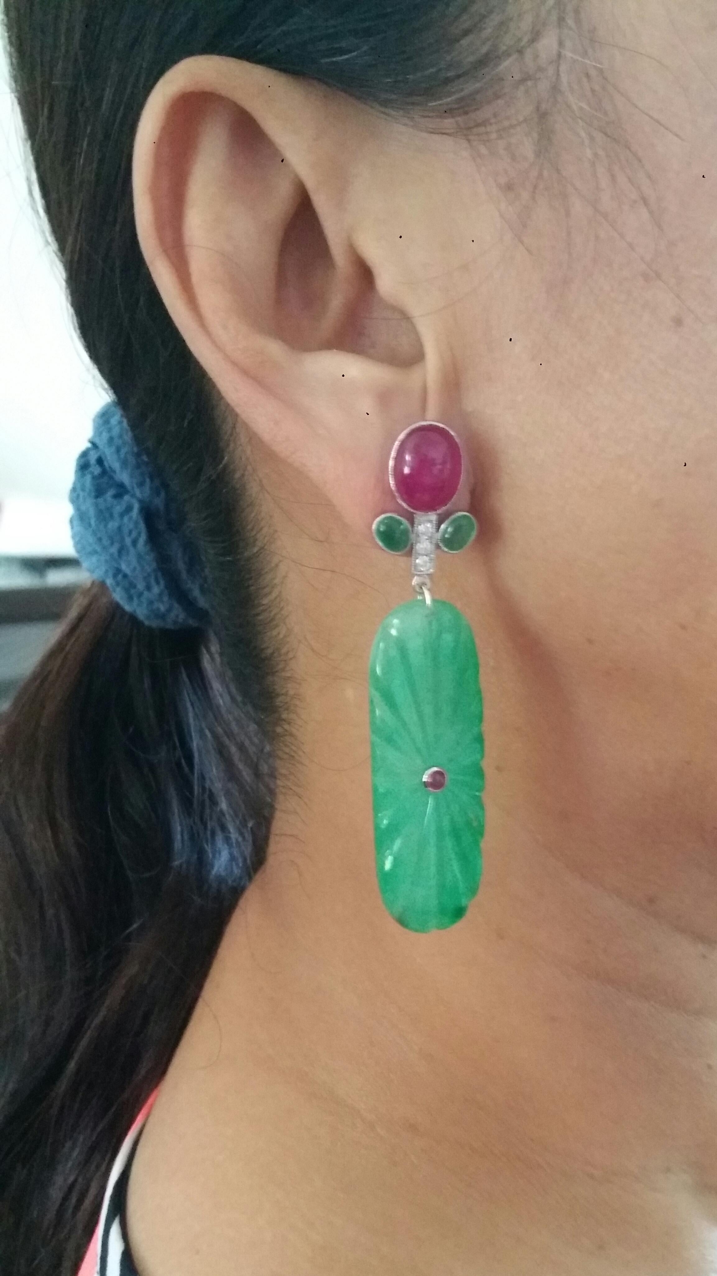 Tutti Frutti Style Rubies Emeralds Gold Diamonds Engraved Jades Dangle Earrings For Sale 5
