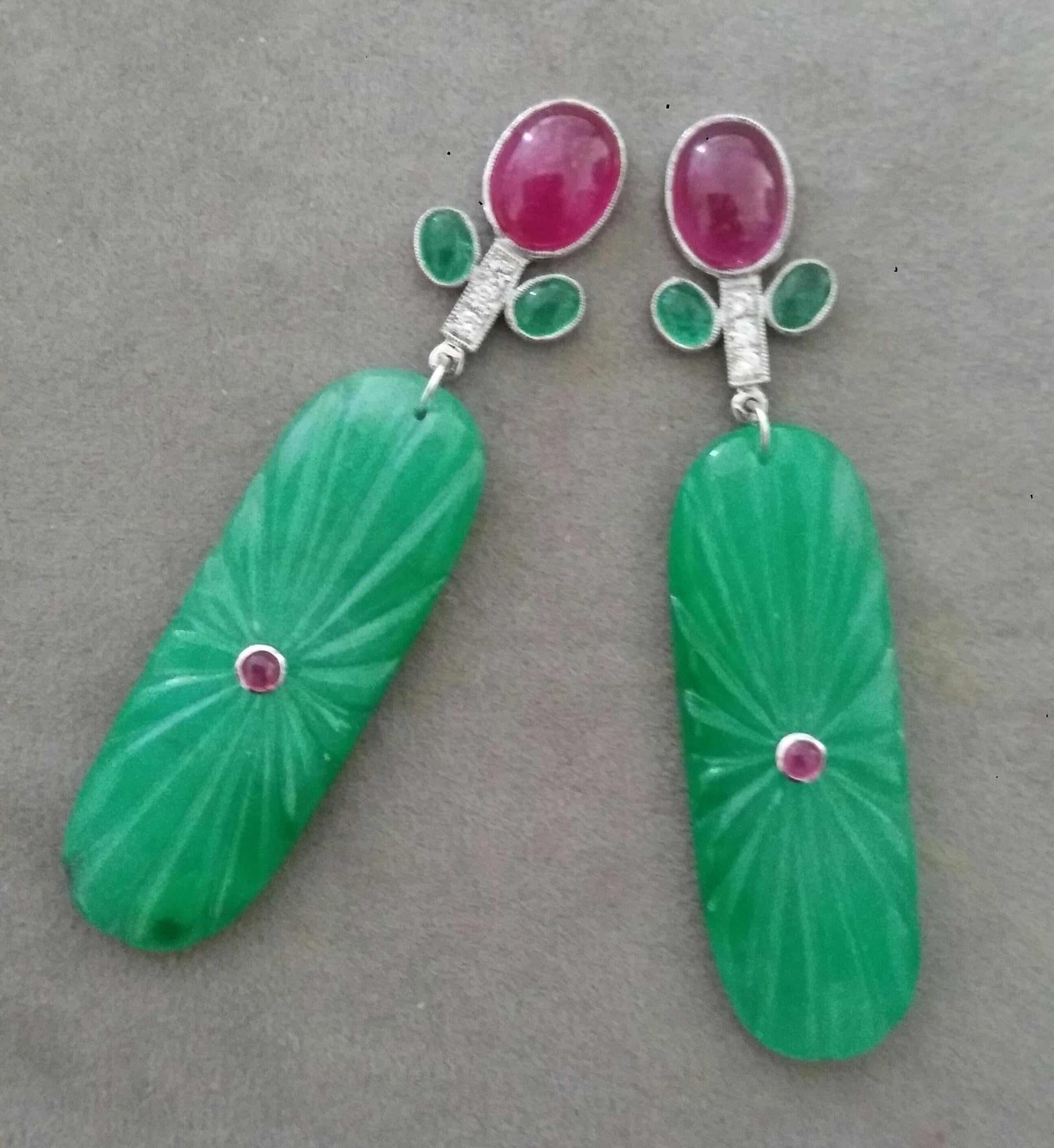 Art Deco Tutti Frutti Style Rubies Emeralds Gold Diamonds Engraved Jades Dangle Earrings For Sale