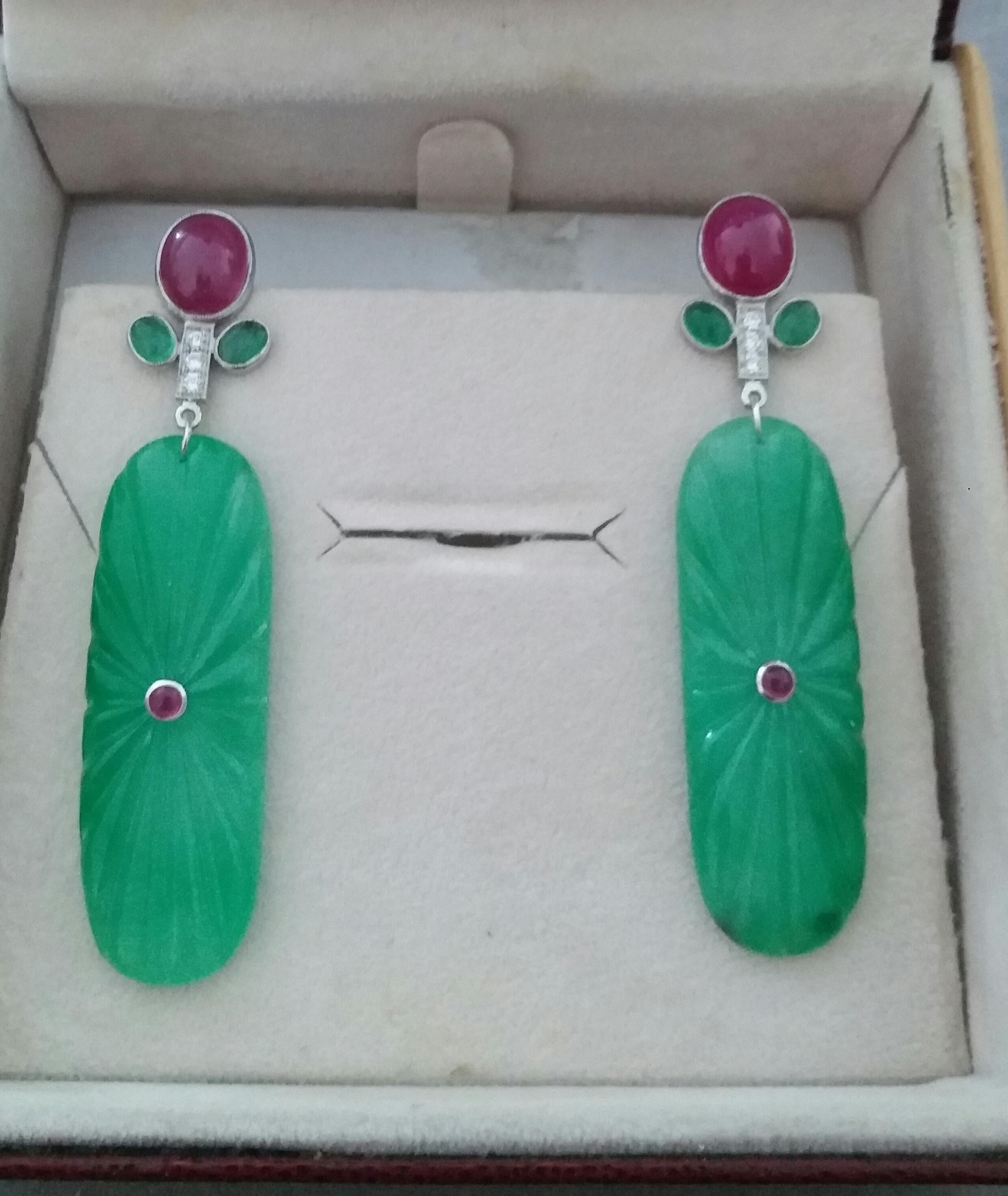 Tutti Frutti Style Rubies Emeralds Gold Diamonds Engraved Jades Dangle Earrings In Good Condition In Bangkok, TH