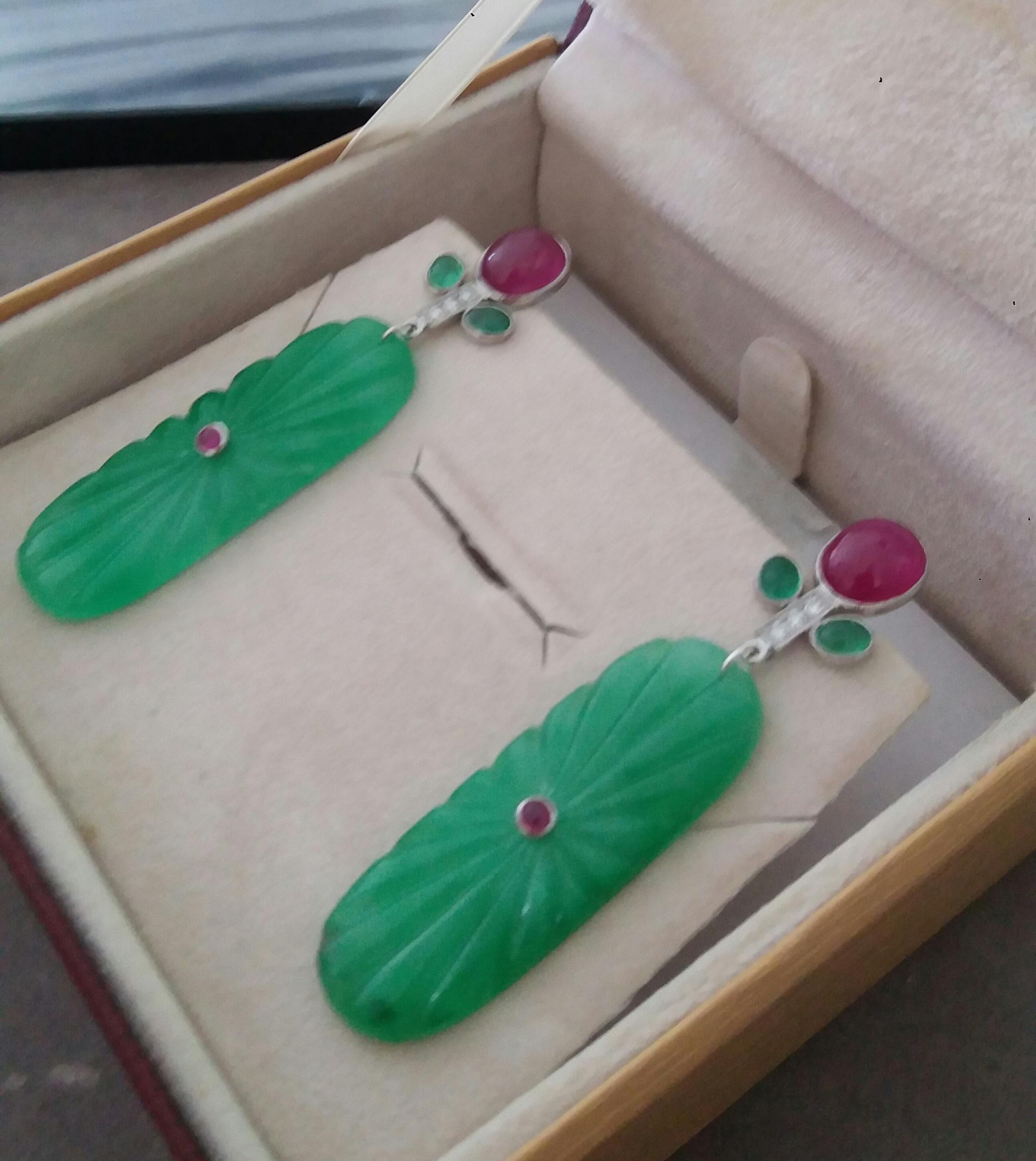 Women's Tutti Frutti Style Rubies Emeralds Gold Diamonds Engraved Jades Dangle Earrings