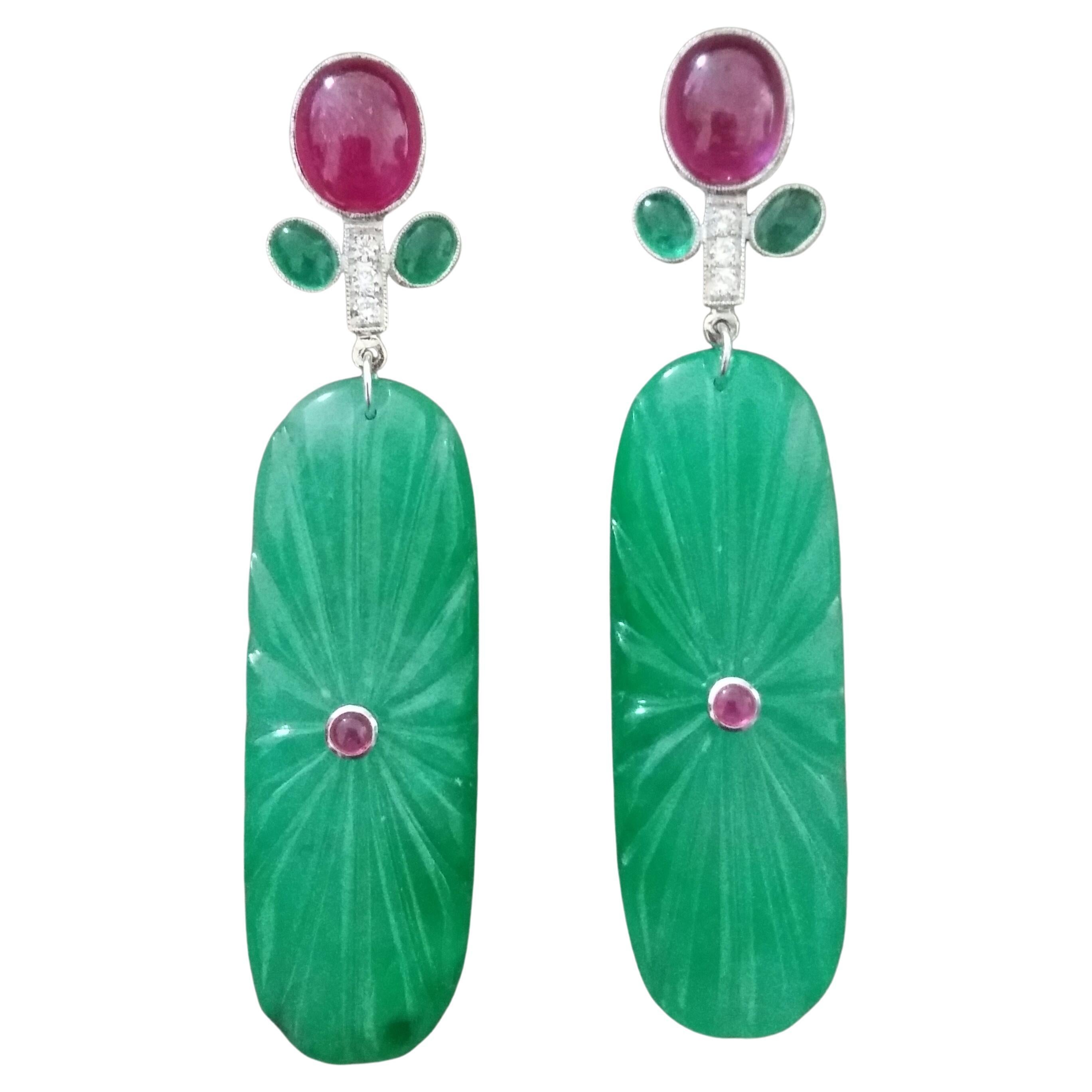 Tutti Frutti Style Rubies Emeralds Gold Diamonds Engraved Jades Dangle Earrings For Sale