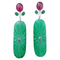 Used Tutti Frutti Style Rubies Emeralds Gold Diamonds Engraved Jades Dangle Earrings