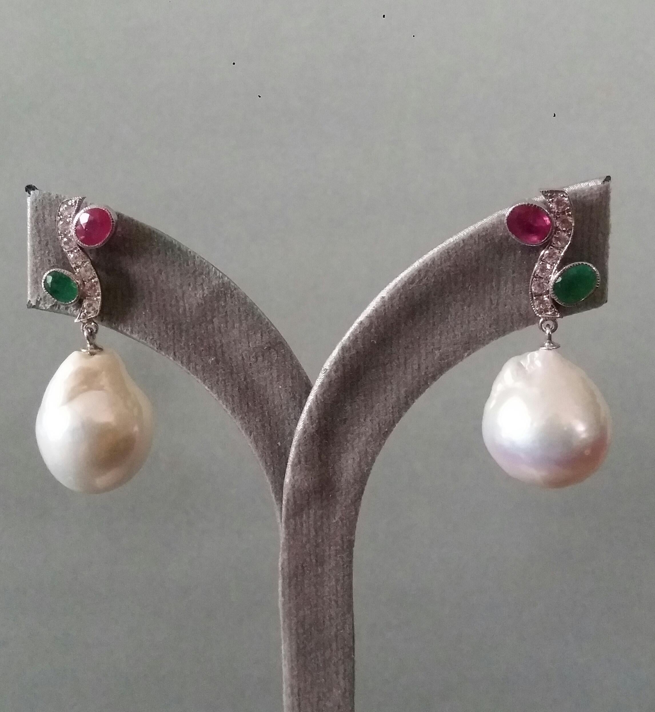 Tutti Frutti Style Rubies Emeralds Gold Diamonds White Baroque Pearls Earrings For Sale 3