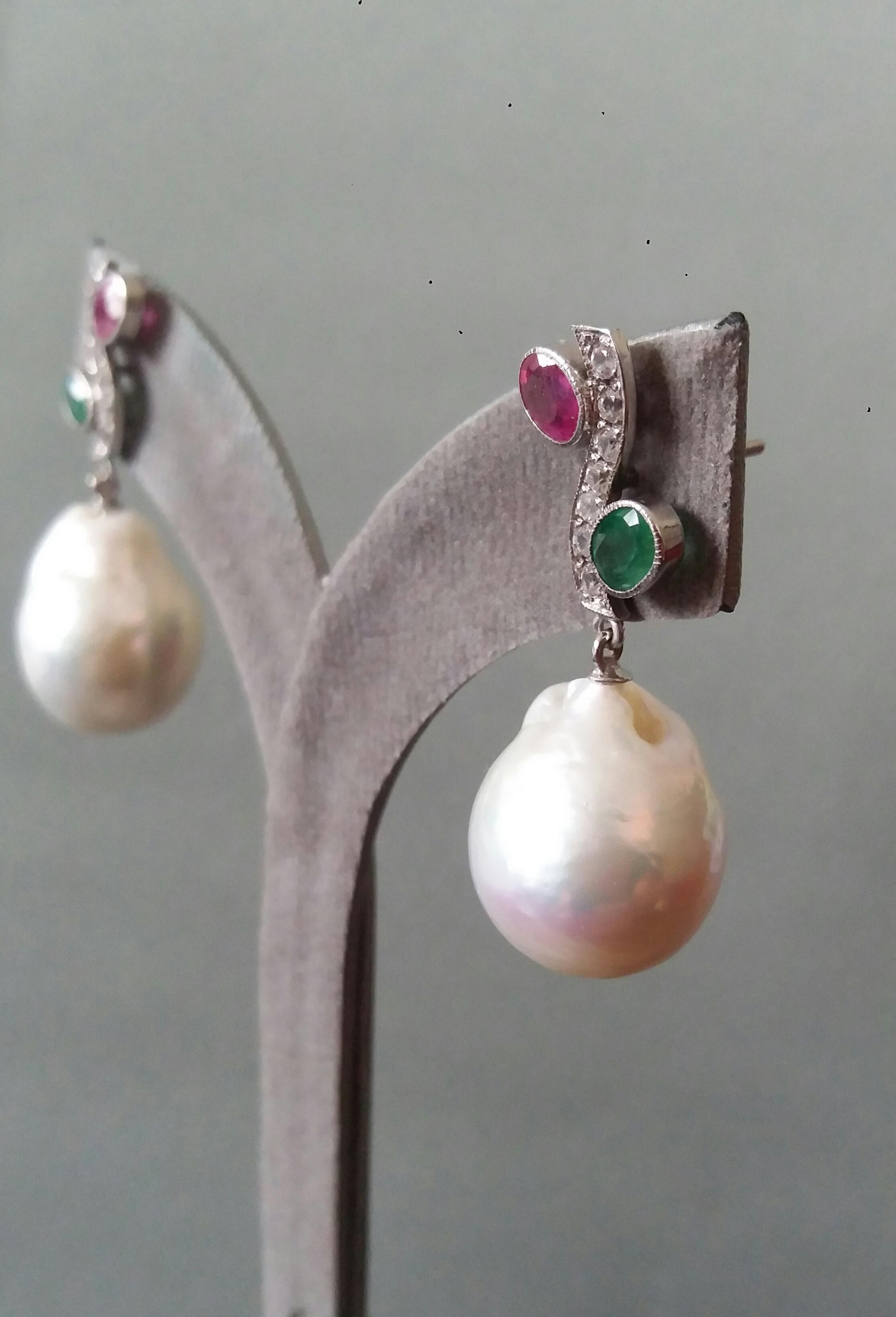 Tutti Frutti Style Rubies Emeralds Gold Diamonds White Baroque Pearls Earrings For Sale 4