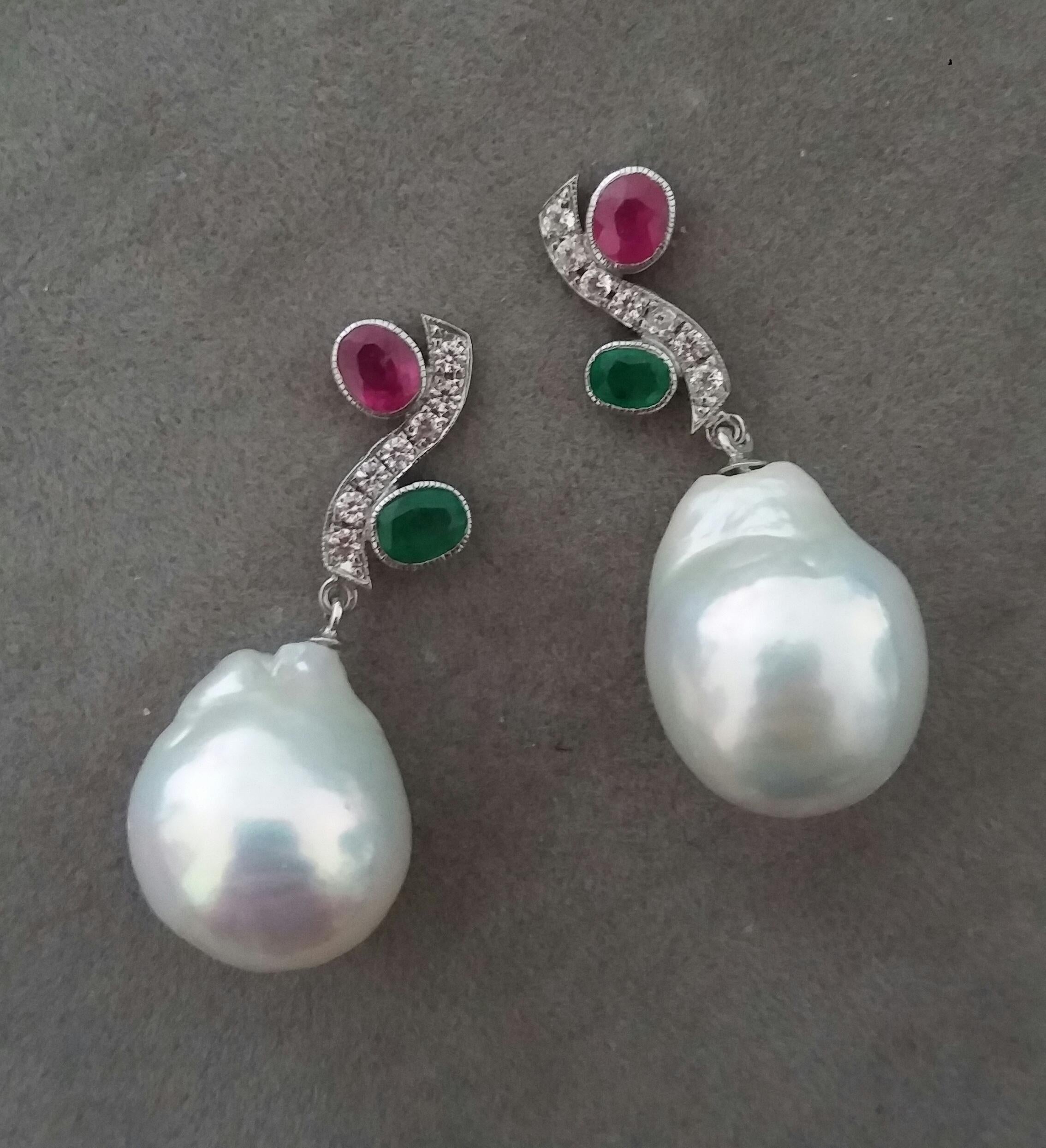 Art Deco Tutti Frutti Style Rubies Emeralds Gold Diamonds White Baroque Pearls Earrings For Sale