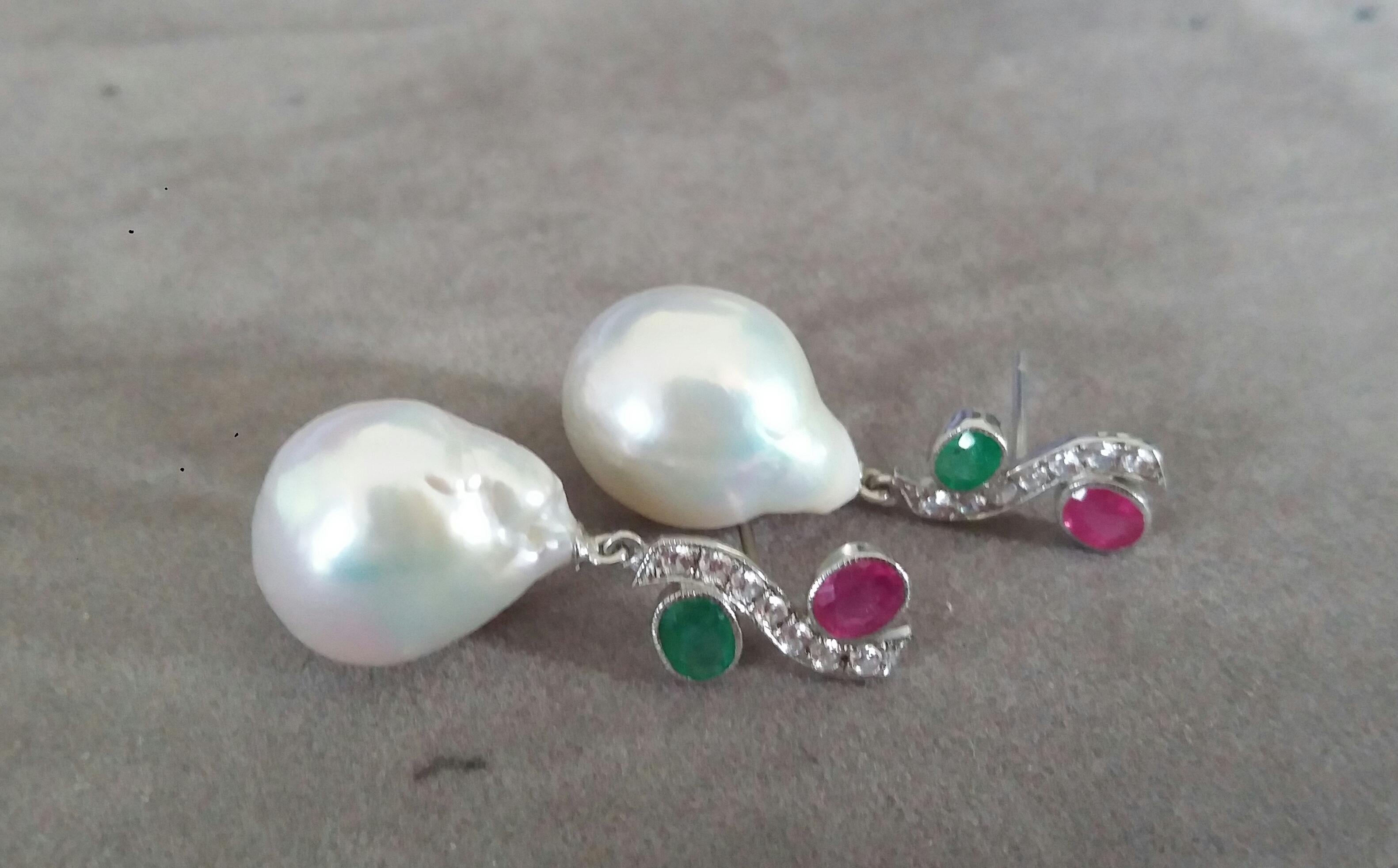 Oval Cut Tutti Frutti Style Rubies Emeralds Gold Diamonds White Baroque Pearls Earrings For Sale
