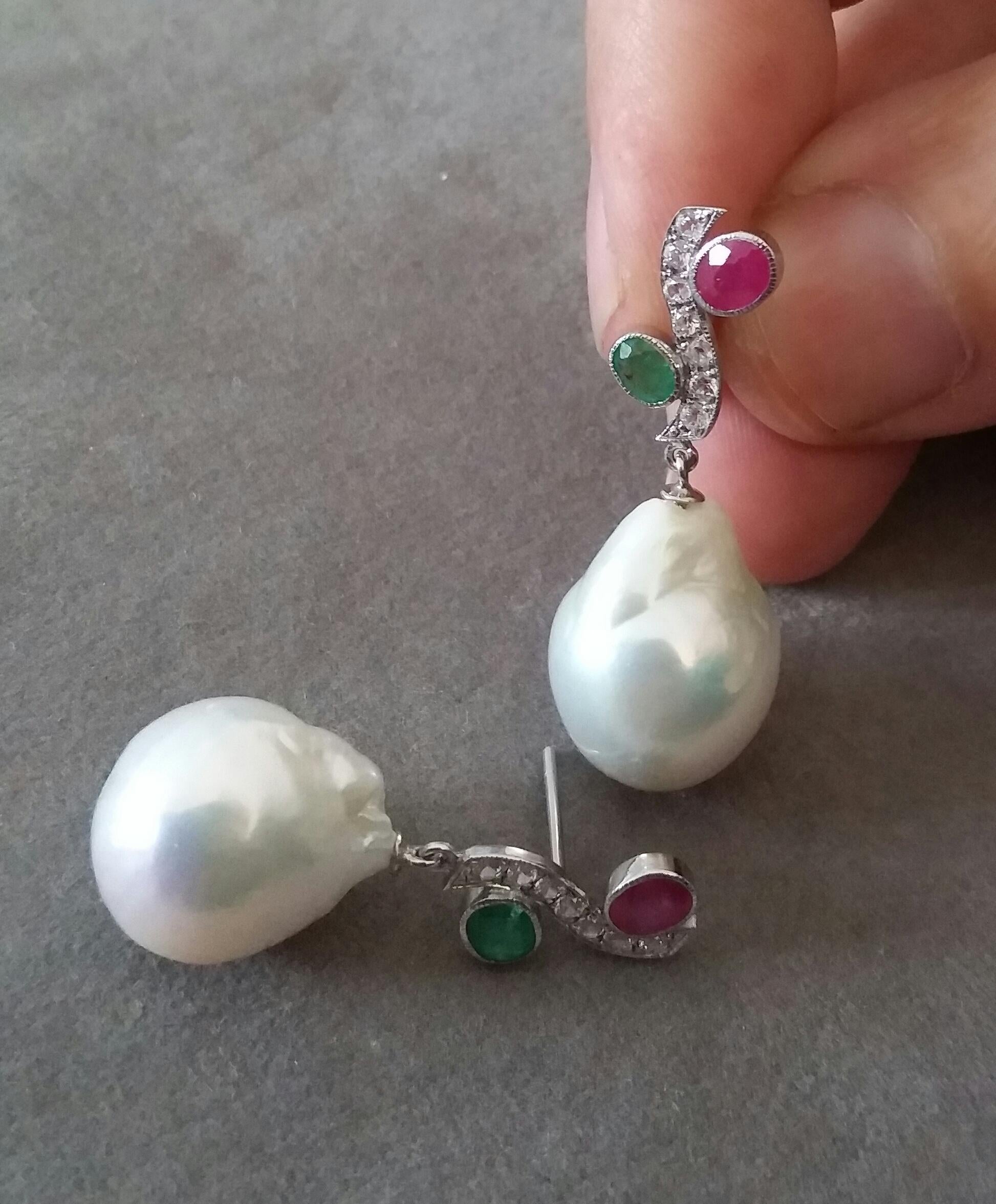 Tutti Frutti Style Rubies Emeralds Gold Diamonds White Baroque Pearls Earrings In Good Condition For Sale In Bangkok, TH
