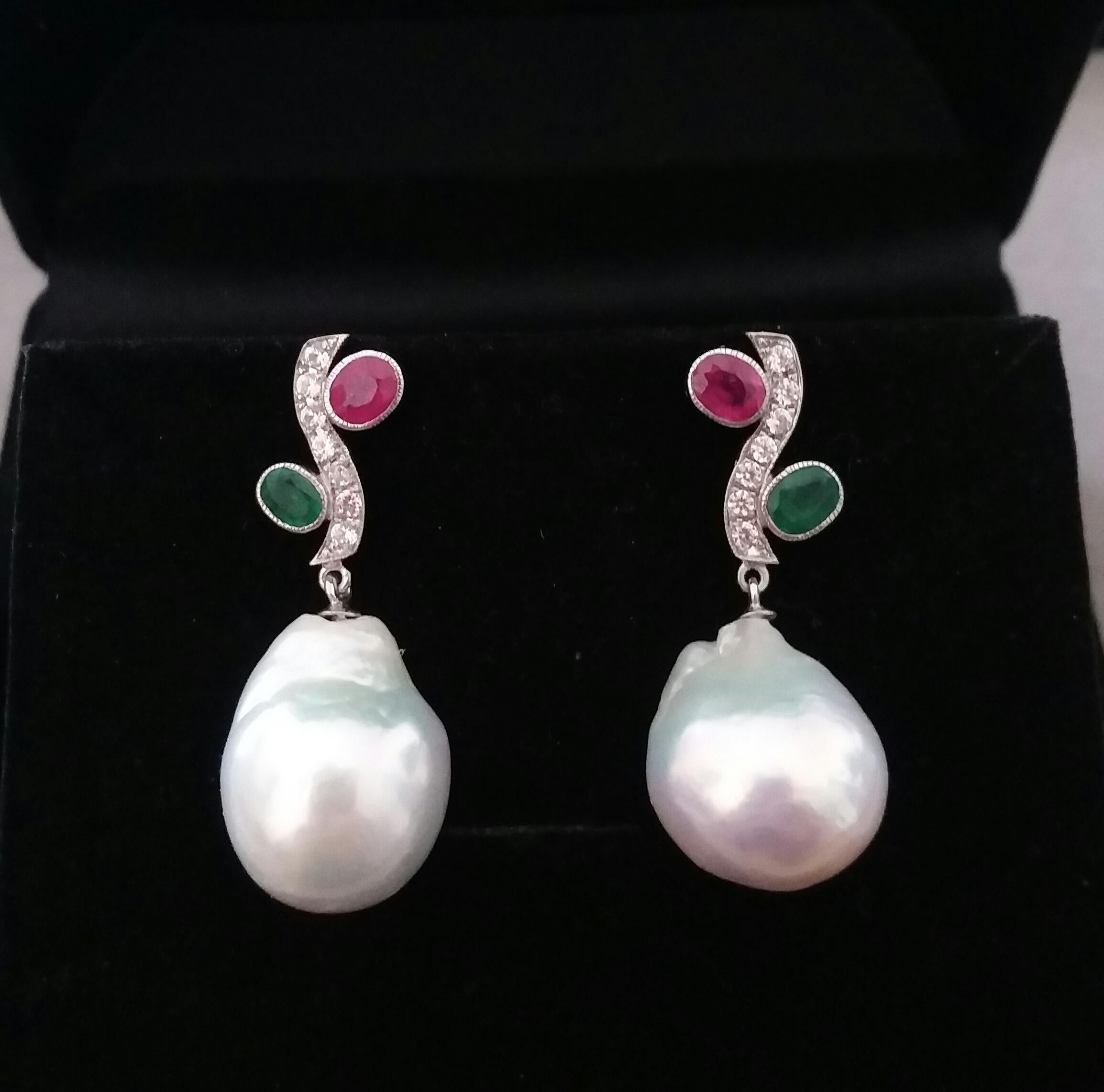 Women's Tutti Frutti Style Rubies Emeralds Gold Diamonds White Baroque Pearls Earrings For Sale