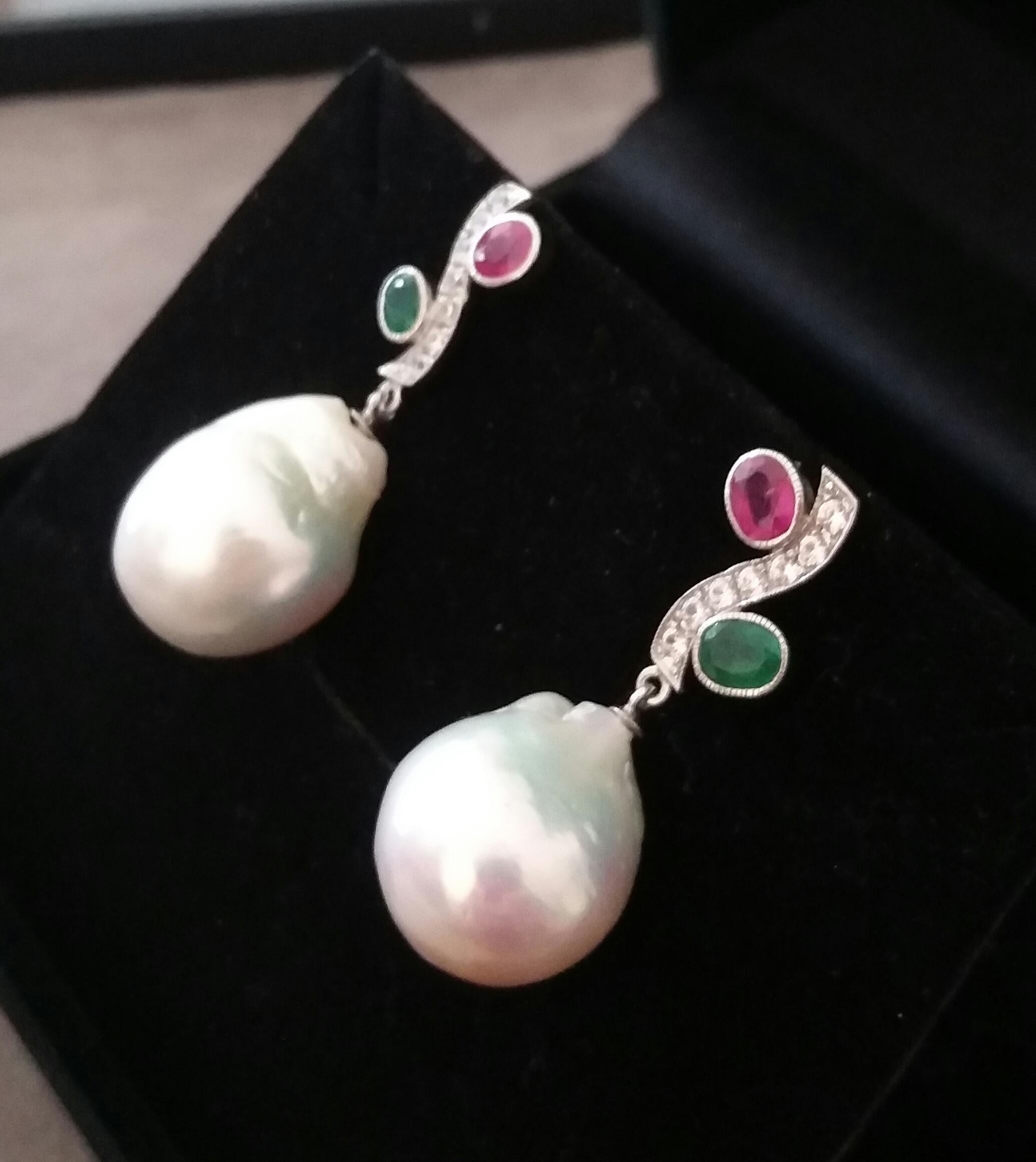 Tutti Frutti Style Rubies Emeralds Gold Diamonds White Baroque Pearls Earrings For Sale 1