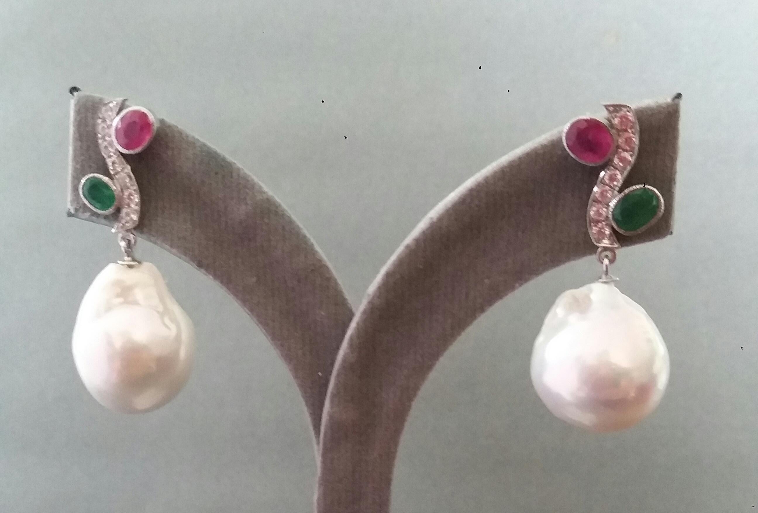 Tutti Frutti Style Rubies Emeralds Gold Diamonds White Baroque Pearls Earrings For Sale 2