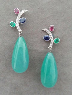 Tutti Frutti Style Rubies Sapphires Emeralds Gold Diamonds Jade Drops Earrings