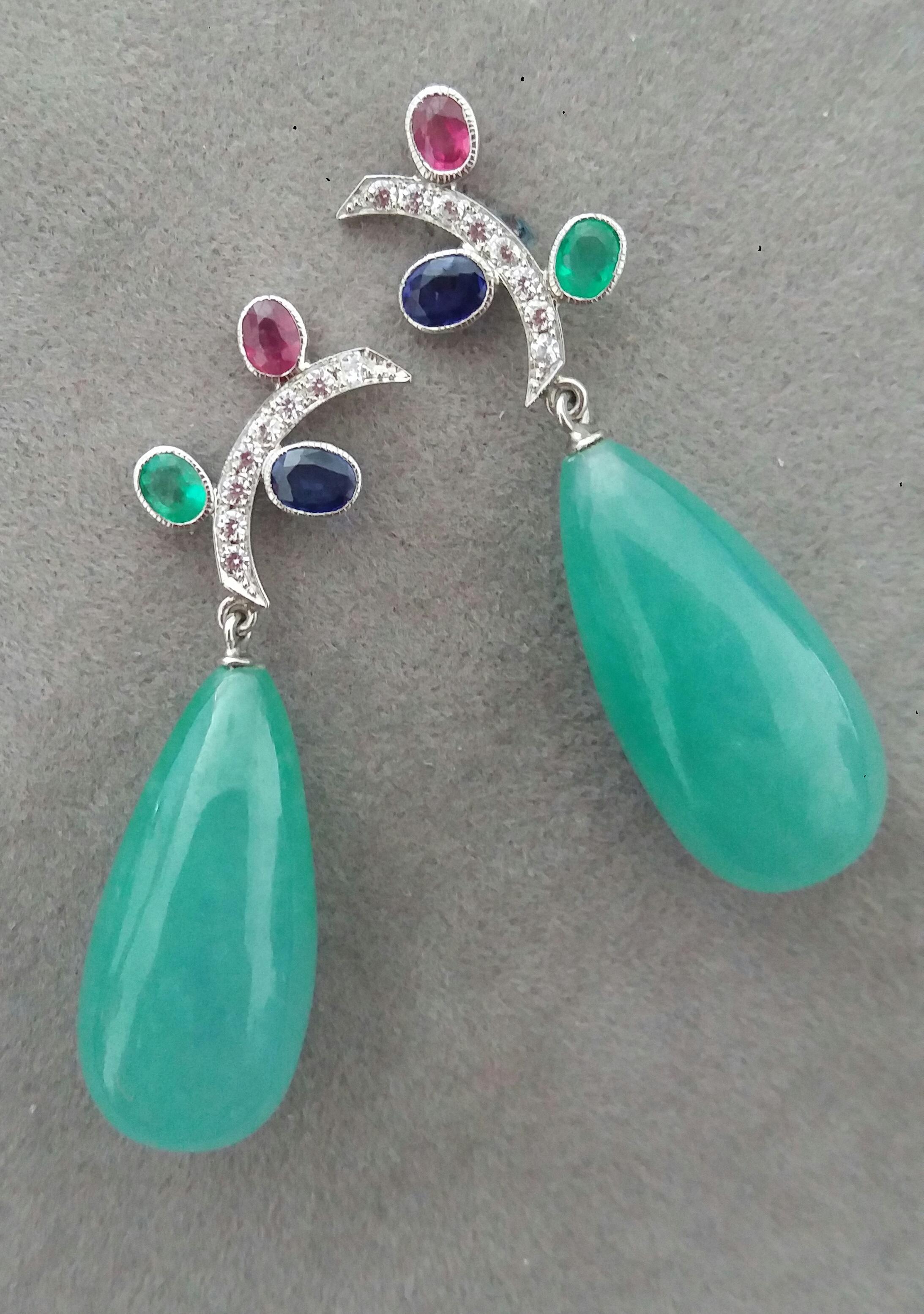 Art Deco Tutti Frutti Style Rubies Sapphires Emeralds Gold Diamonds Jade Drops Earrings For Sale