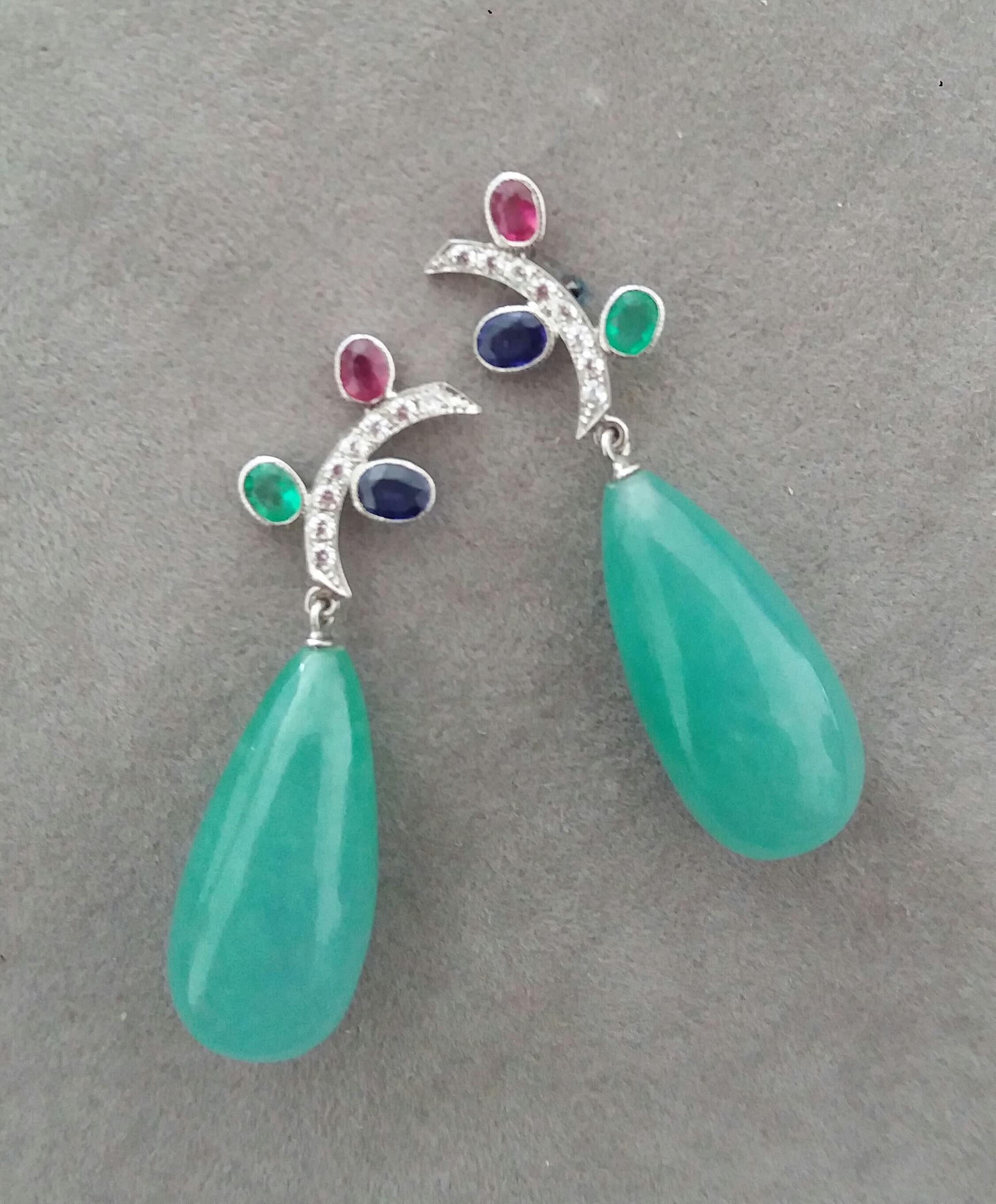Oval Cut Tutti Frutti Style Rubies Sapphires Emeralds Gold Diamonds Jade Drops Earrings For Sale
