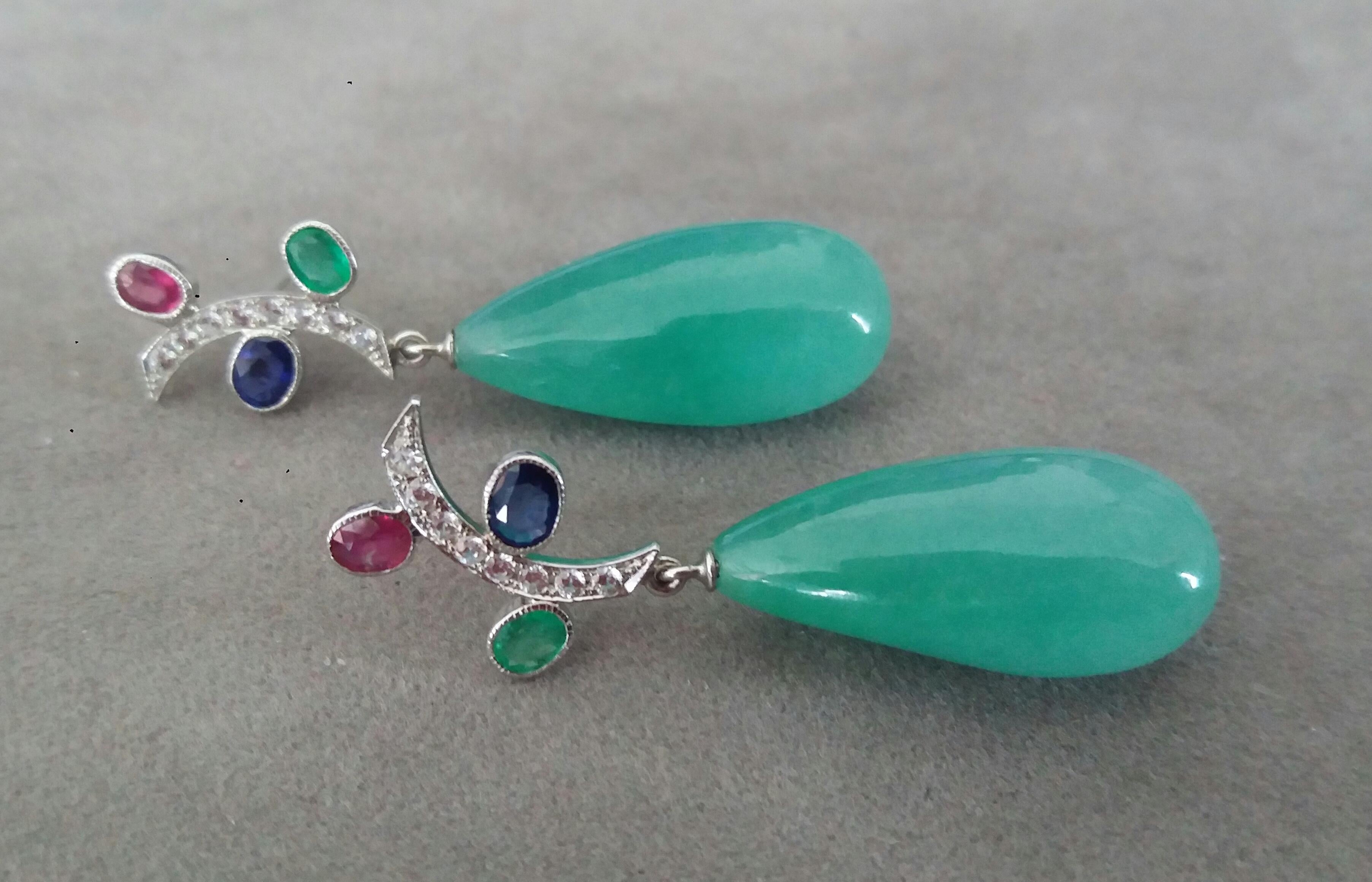 Tutti Frutti Style Rubies Sapphires Emeralds Gold Diamonds Jade Drops Earrings In Good Condition For Sale In Bangkok, TH