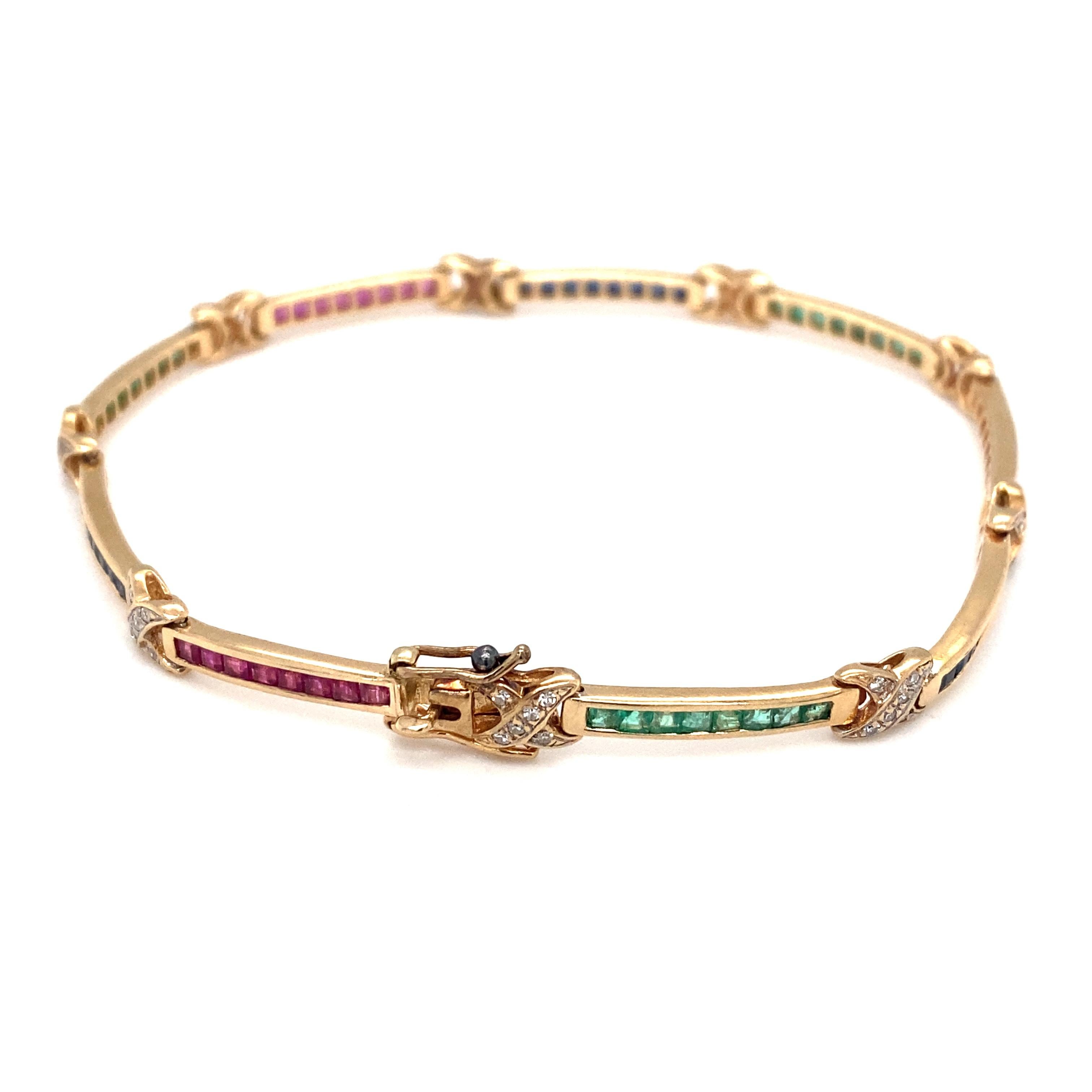 French Cut Tutti Frutti Style Ruby, Emerald, Sapphire and Diamond Link Bracelet For Sale