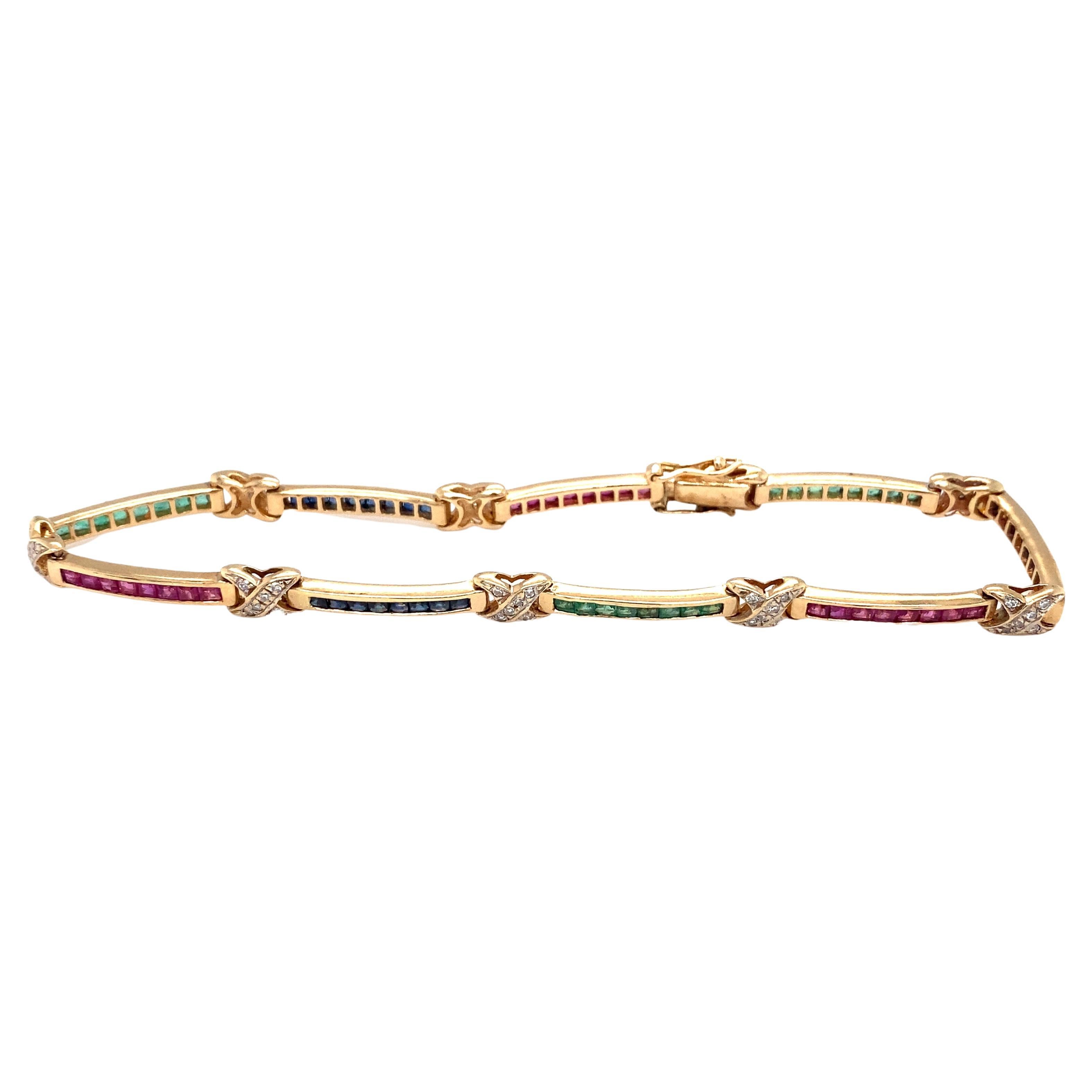 Tutti Frutti Style Ruby, Emerald, Sapphire and Diamond Link Bracelet For Sale