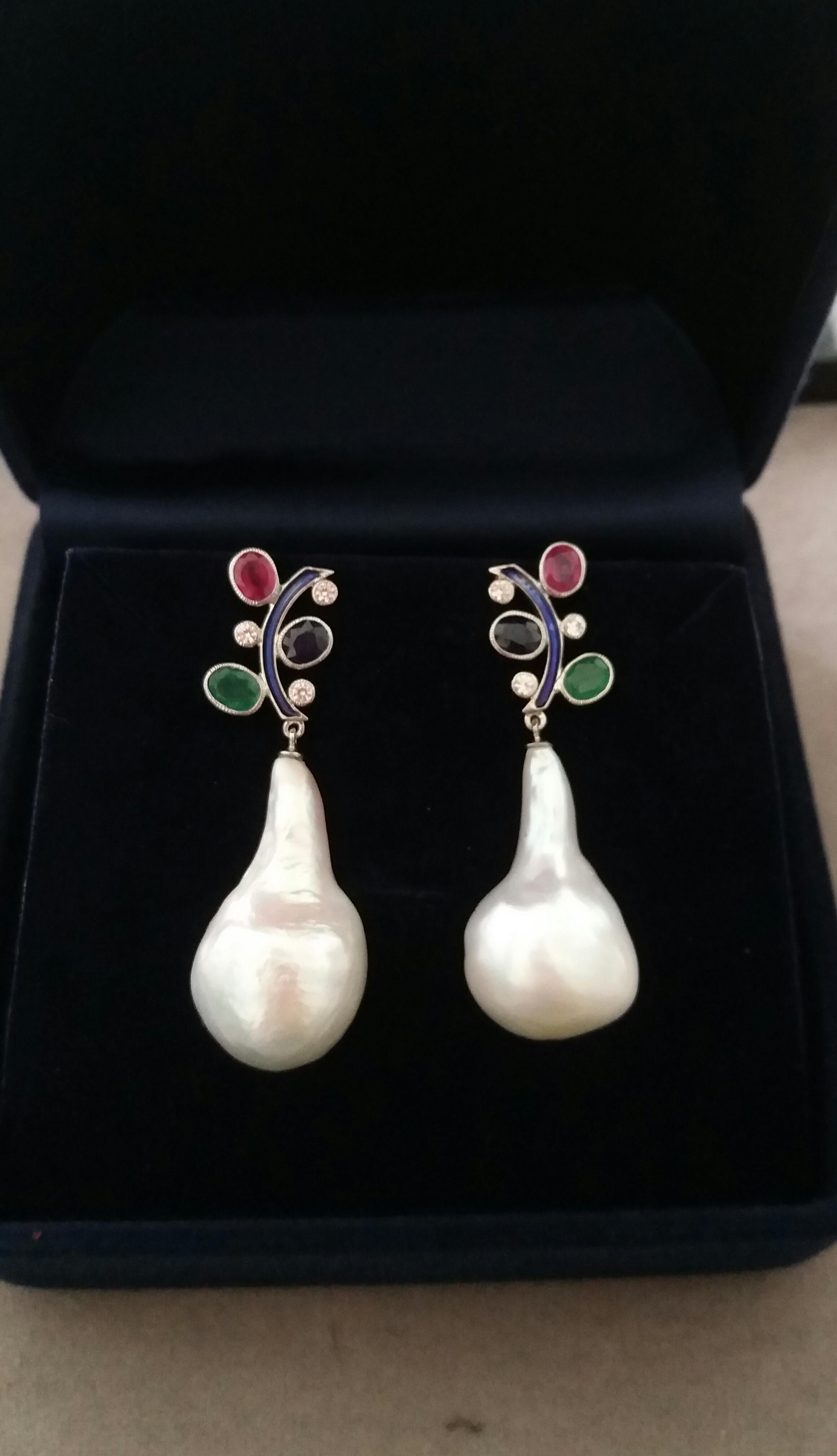 Tutti Frutti Style Ruby Sapphire Emerald Gold Diamonds Enamel Pearls Earrings For Sale 4