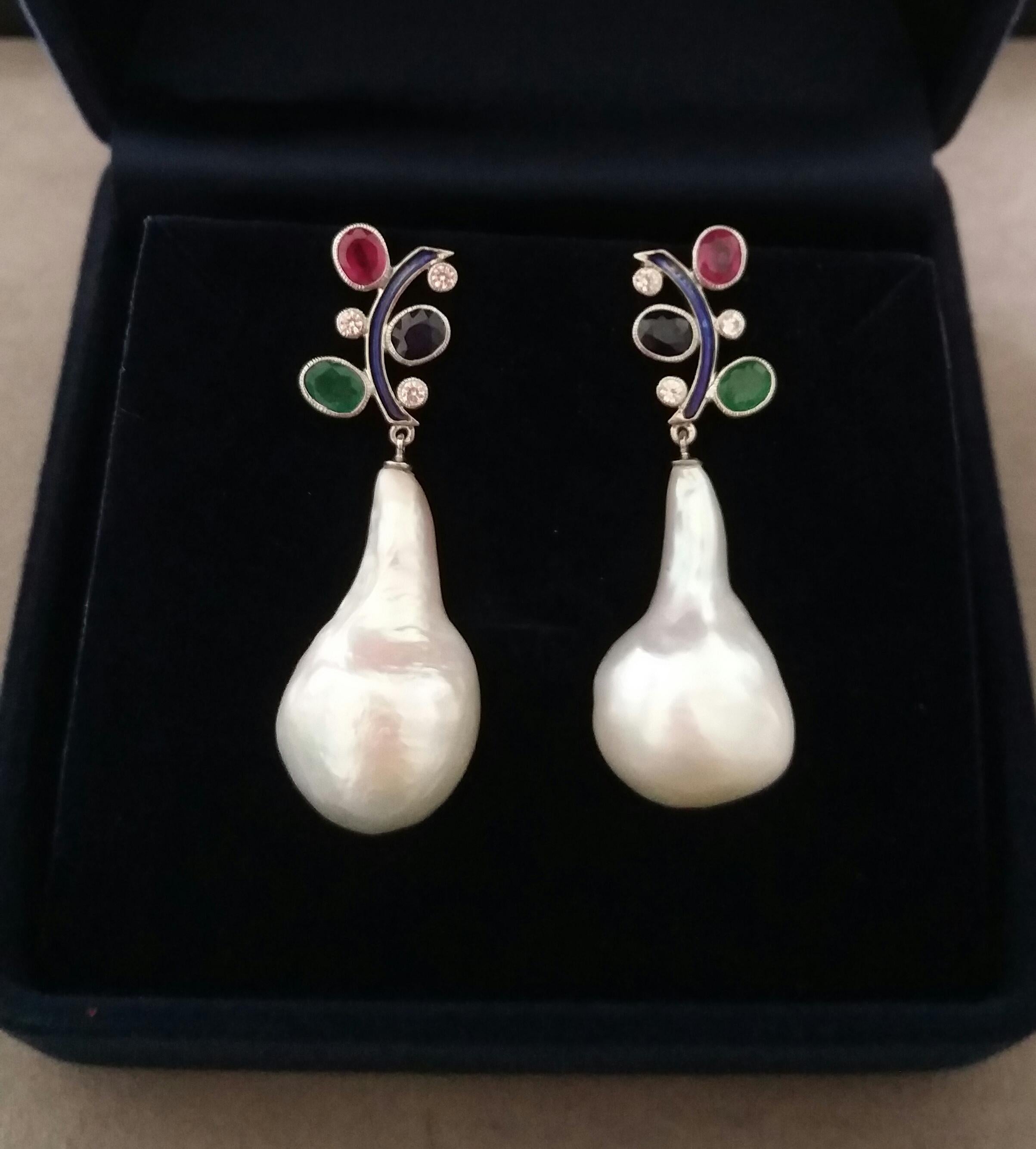 Tutti Frutti Style Ruby Sapphire Emerald Gold Diamonds Enamel Pearls Earrings For Sale 5