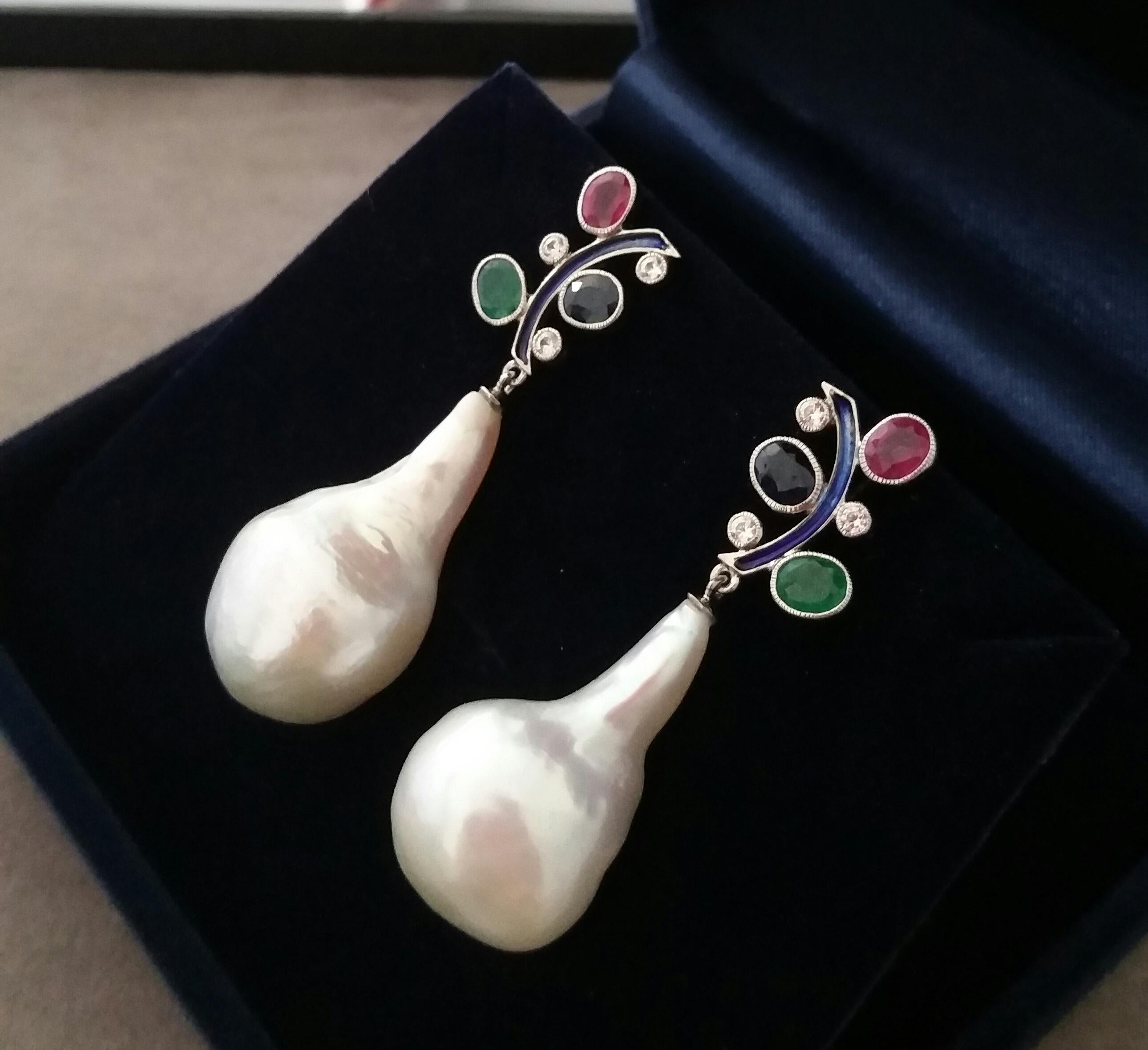 Tutti Frutti Style Ruby Sapphire Emerald Gold Diamonds Enamel Pearls Earrings For Sale 6